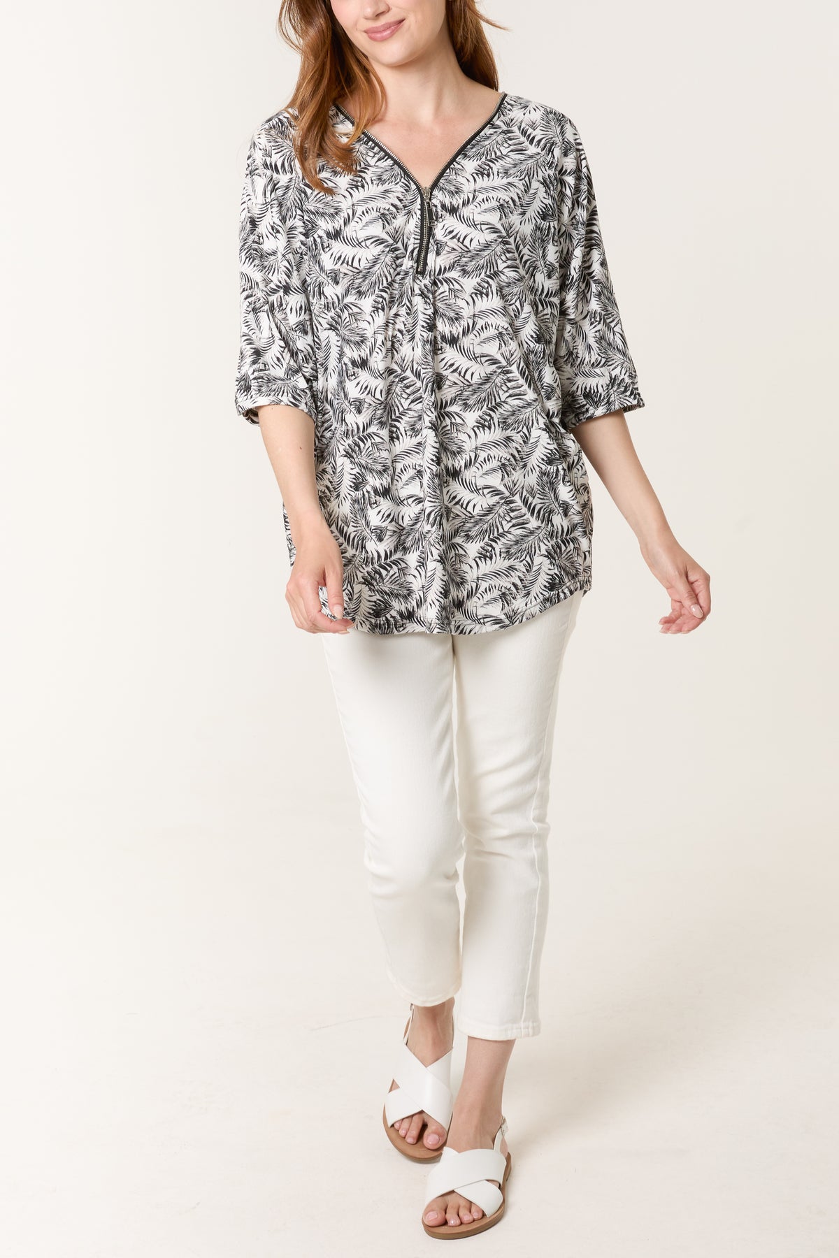 Monochrome Leaf Print Zip Front Top