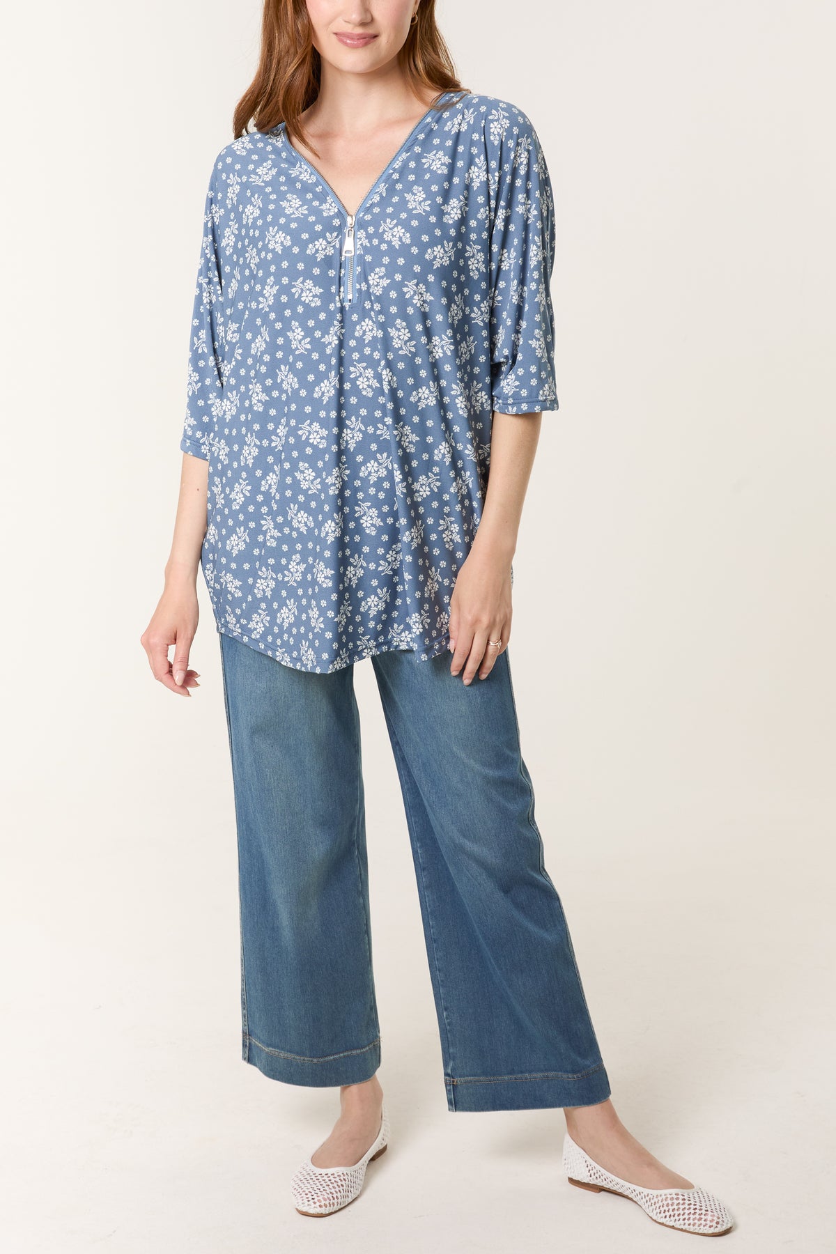 Scatter Floral Print Zip Front Top