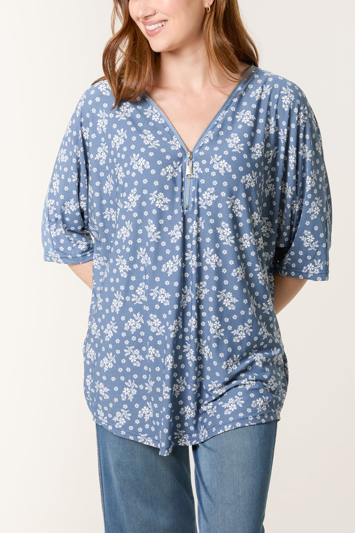 Scatter Floral Print Zip Front Top