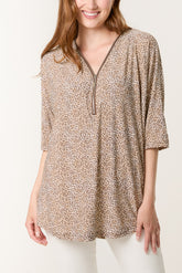 Ditsy Animal Print Zip Front Top