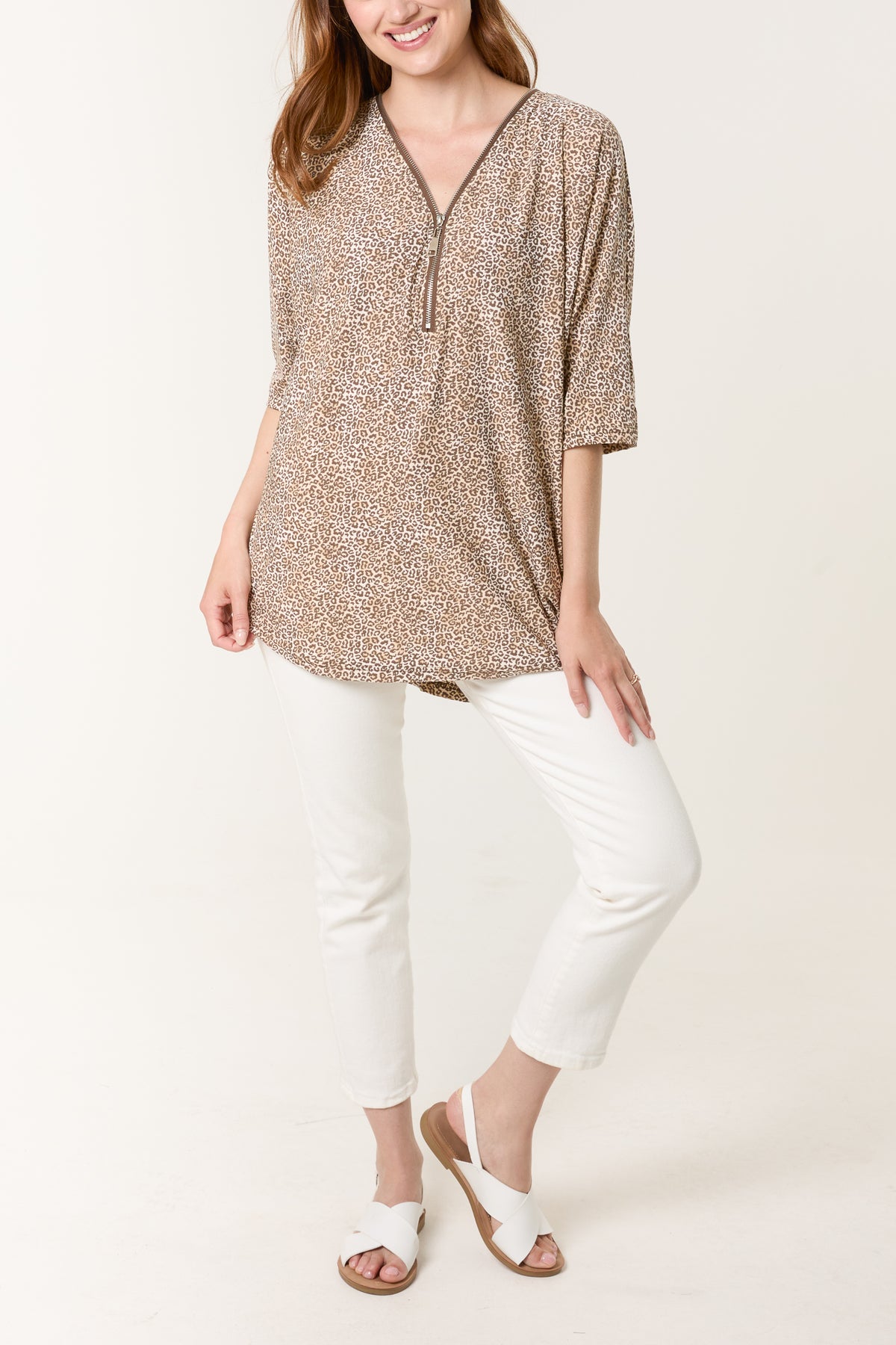 Ditsy Animal Print Zip Front Top