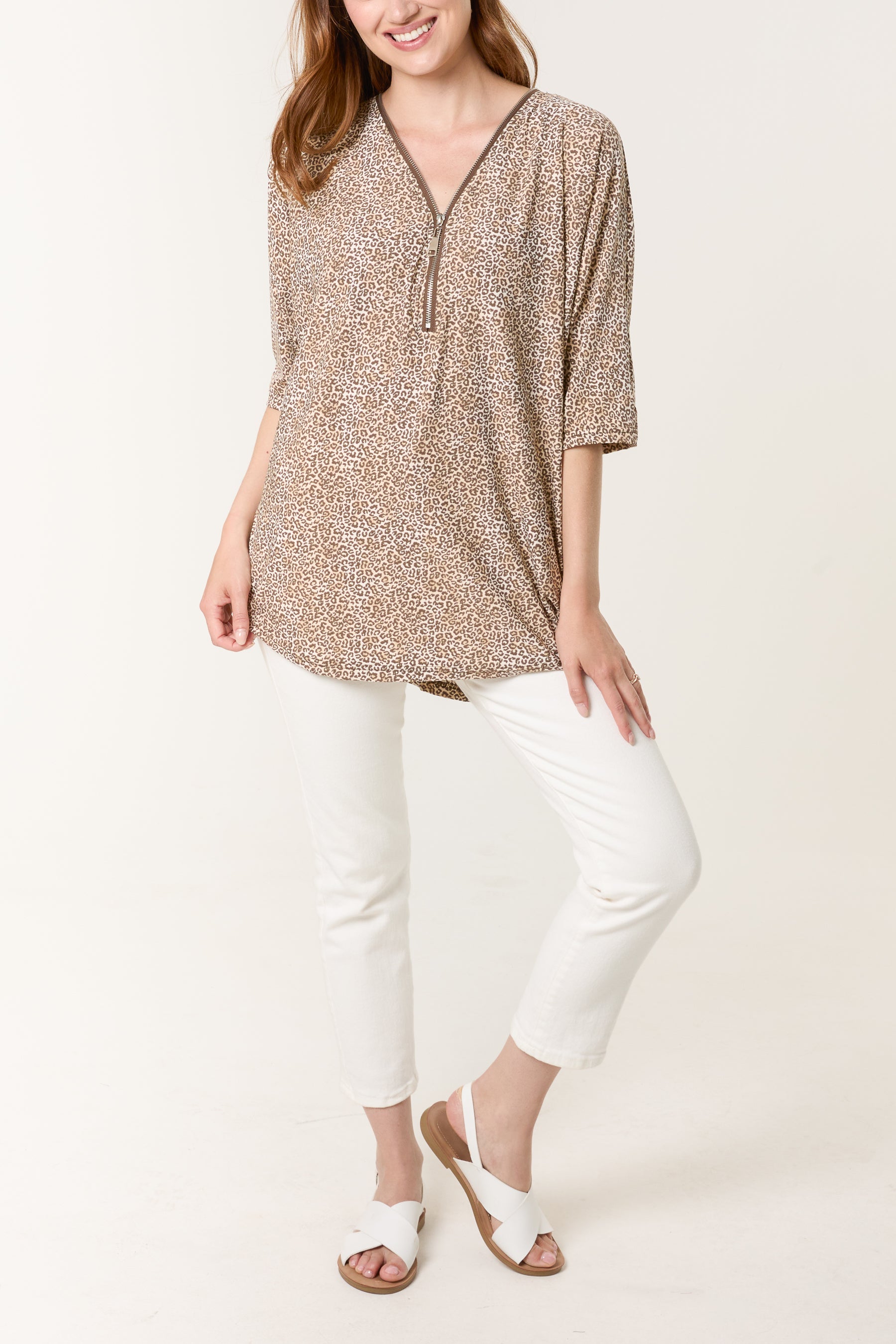Ditsy Animal Print Zip Front Top