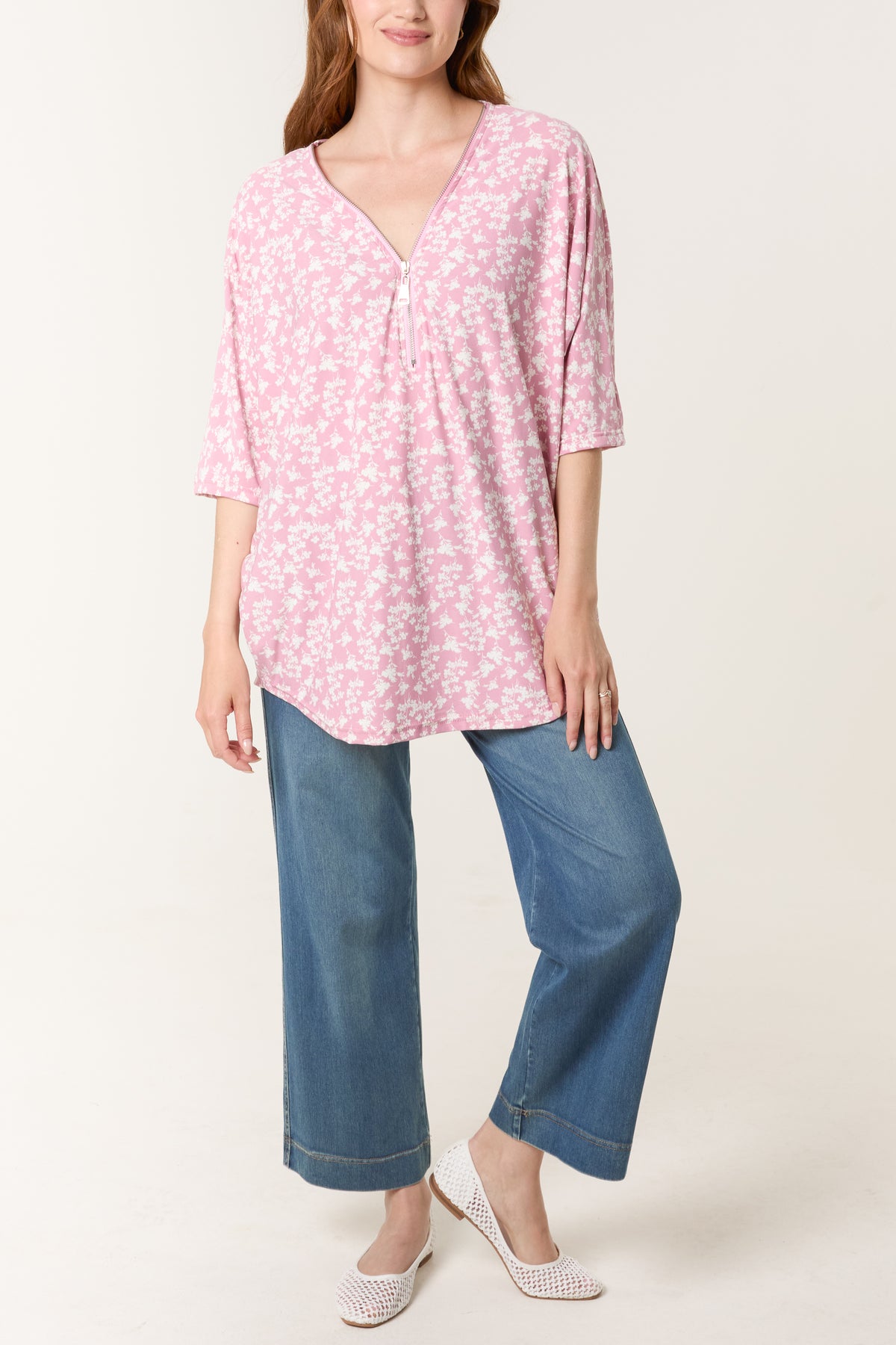 Blossom Print Zip Front Top