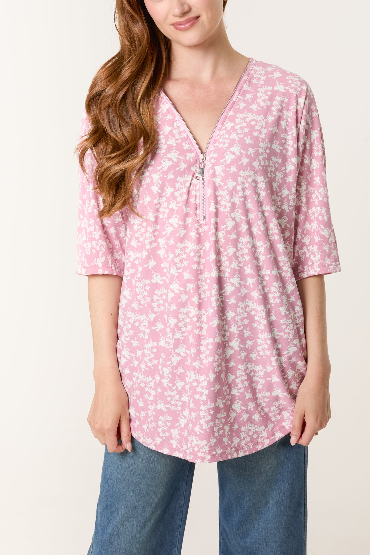 Blossom Print Zip Front Top