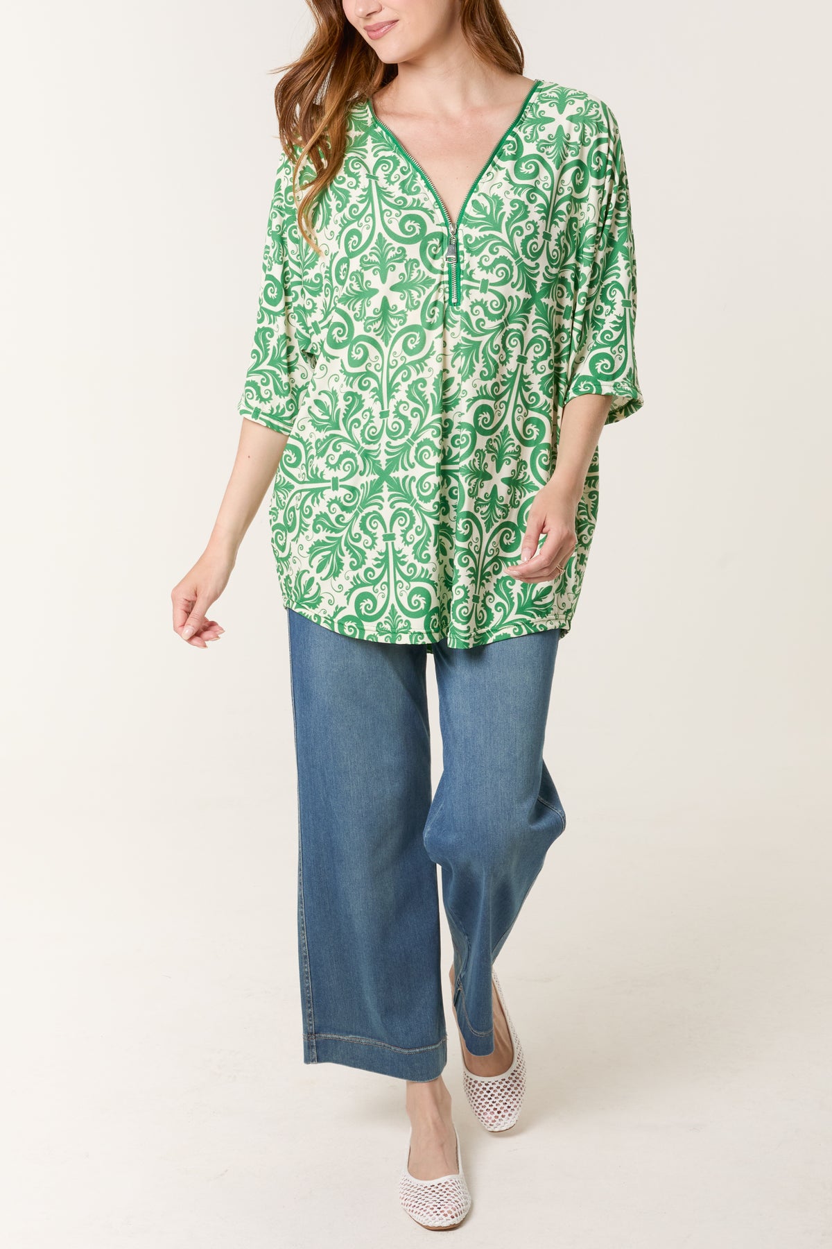 Damask Print Zip Front Top