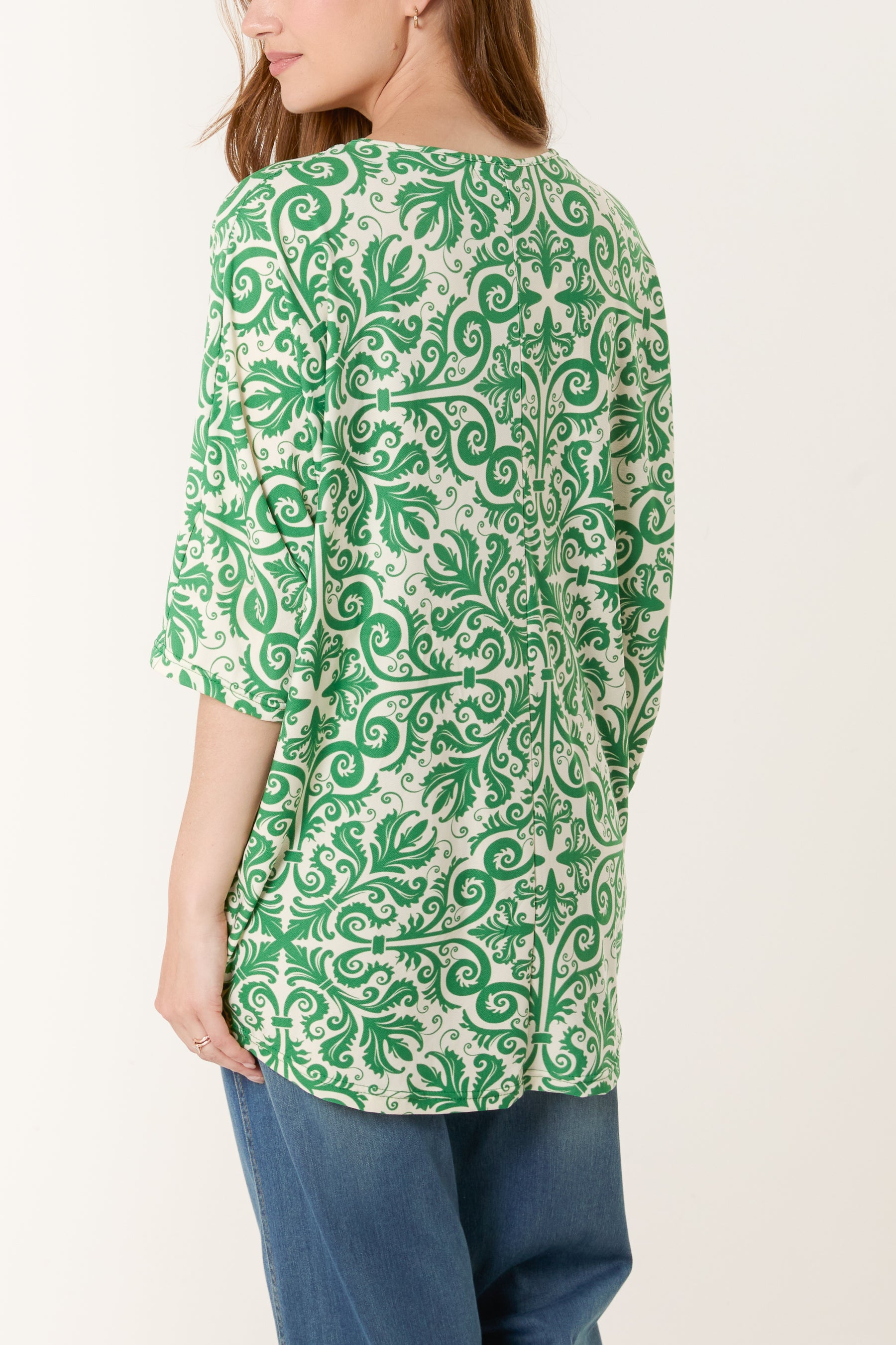 Damask Print Zip Front Top