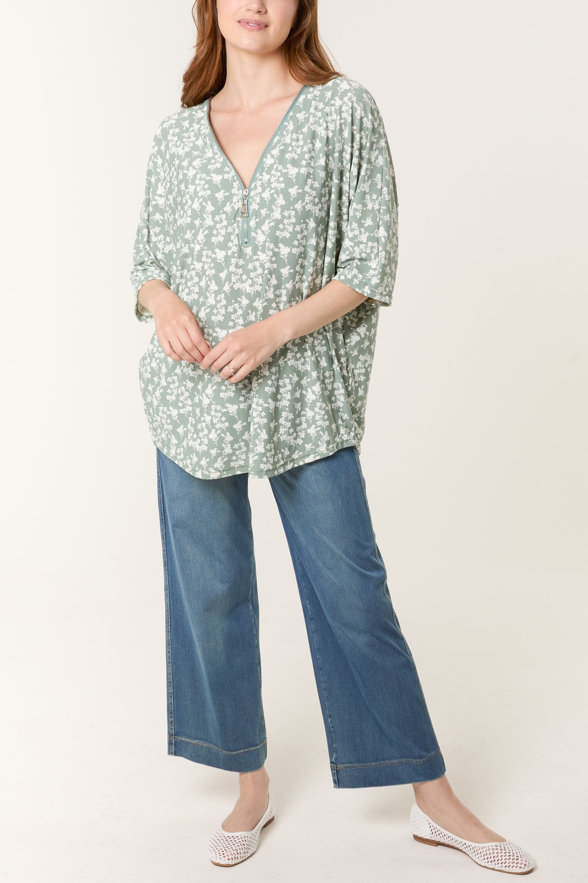 Green Ditsy Floral Print Zip Front Top