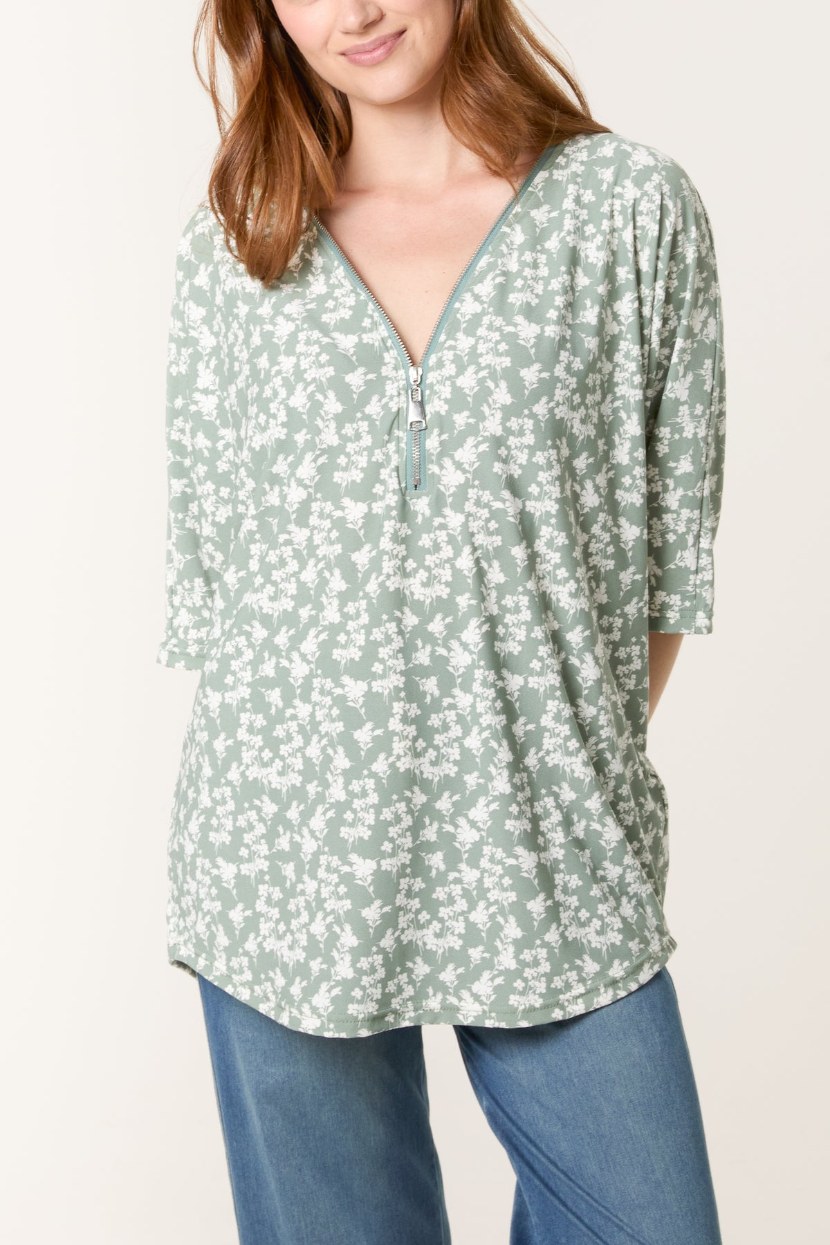 Green Ditsy Floral Print Zip Front Top