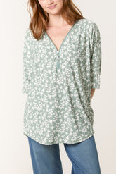 Green Ditsy Floral Print Zip Front Top