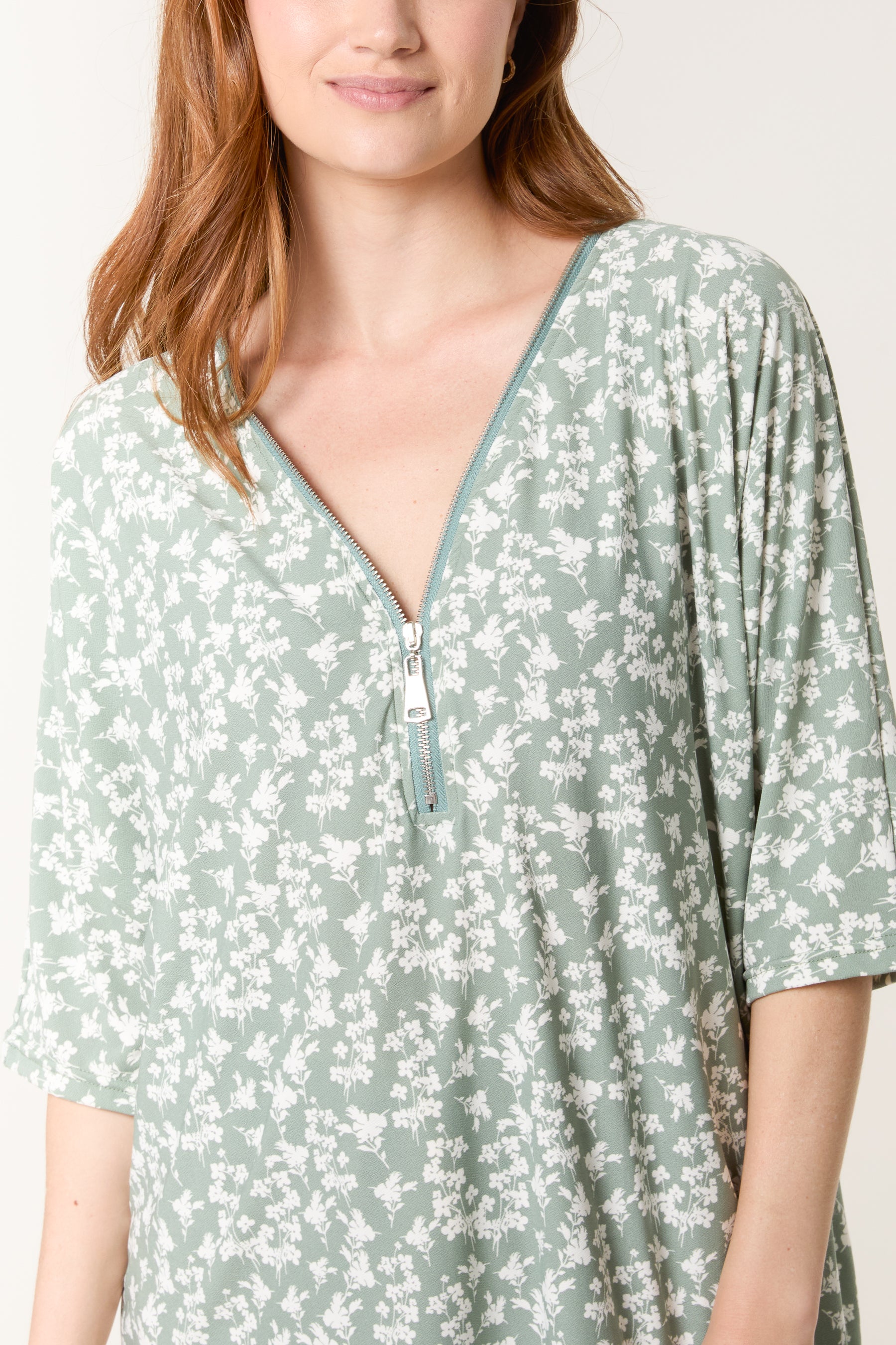Green Ditsy Floral Print Zip Front Top