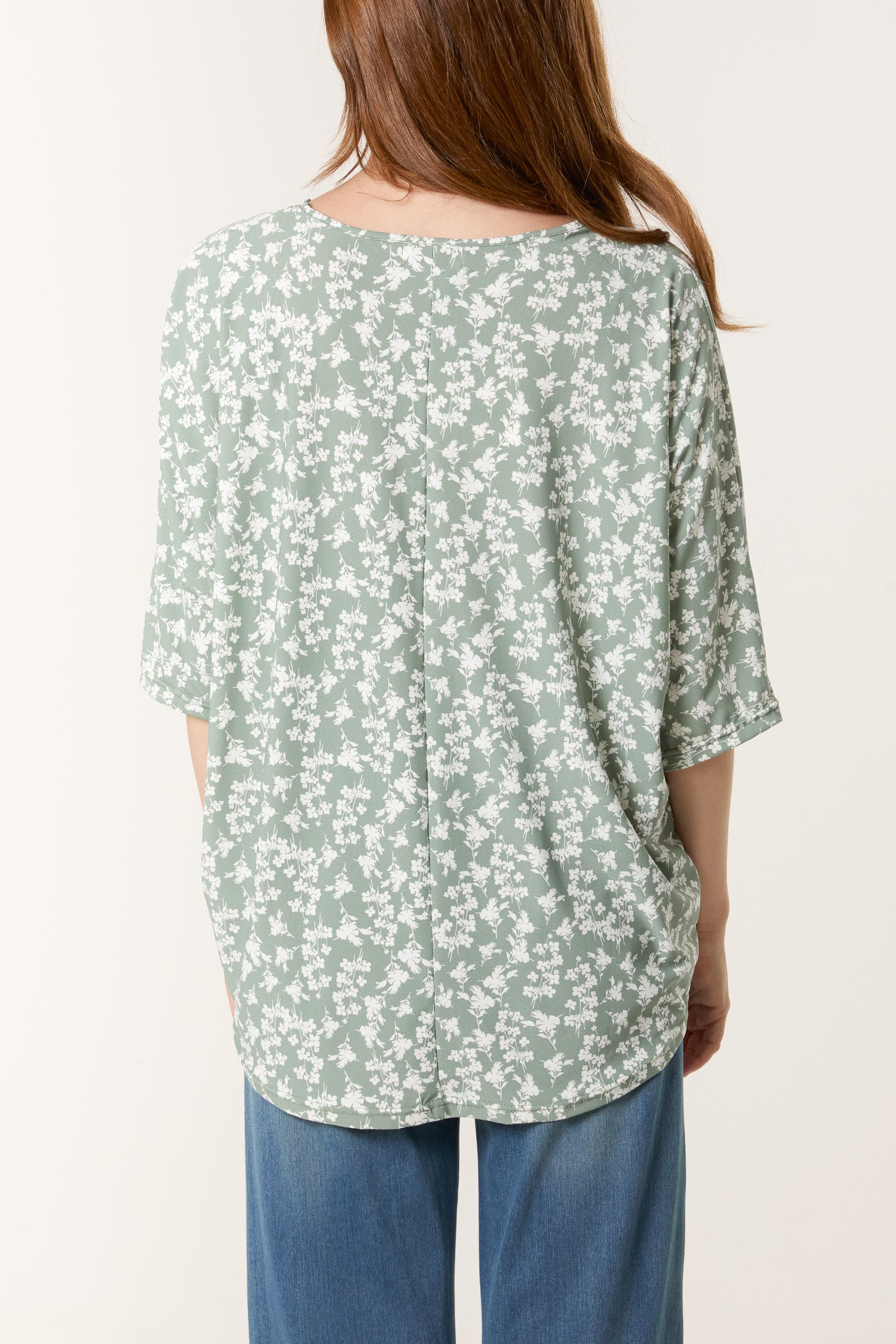 Green Ditsy Floral Print Zip Front Top