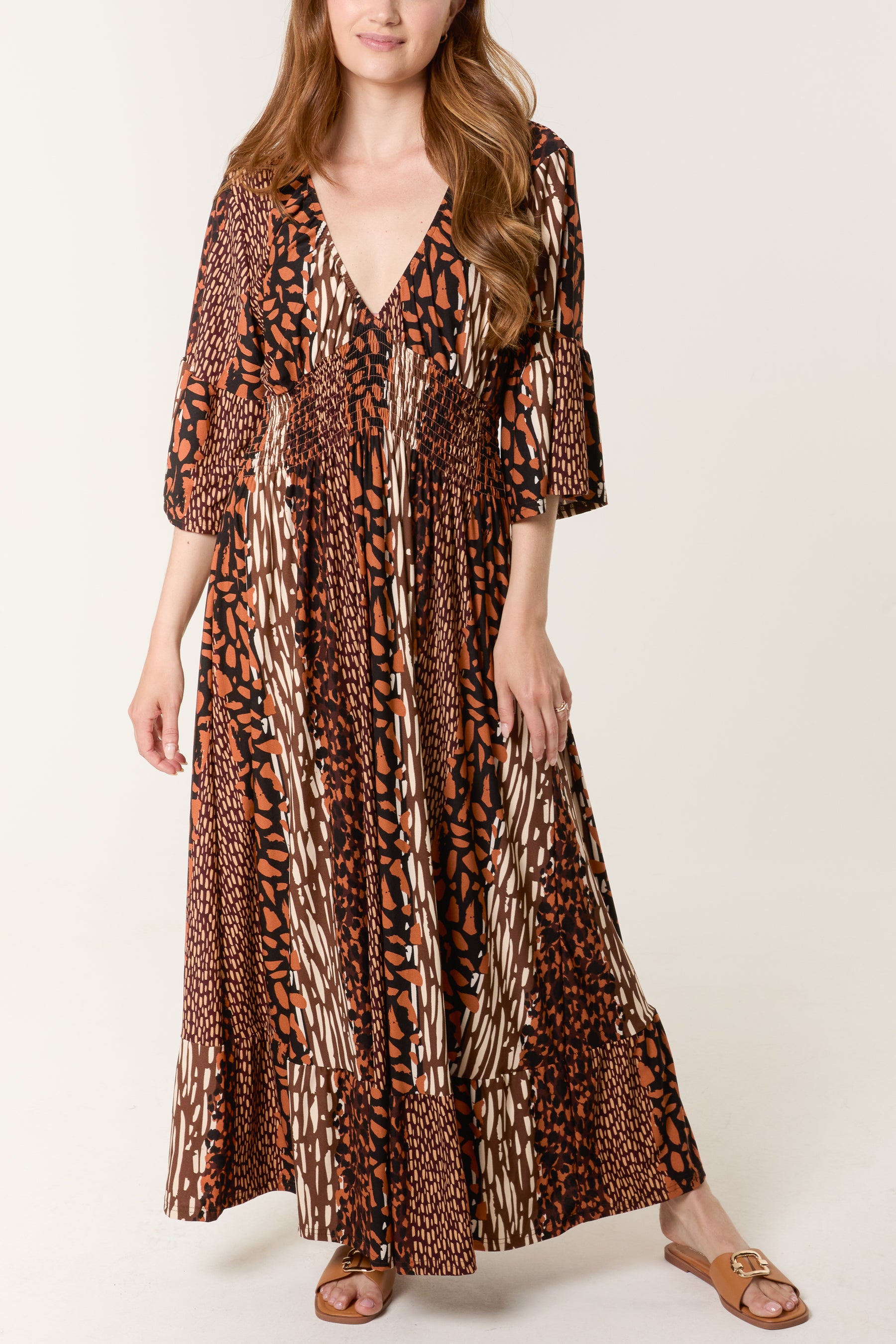 Mixed Animal Print Stretch Shirred Waist Dress