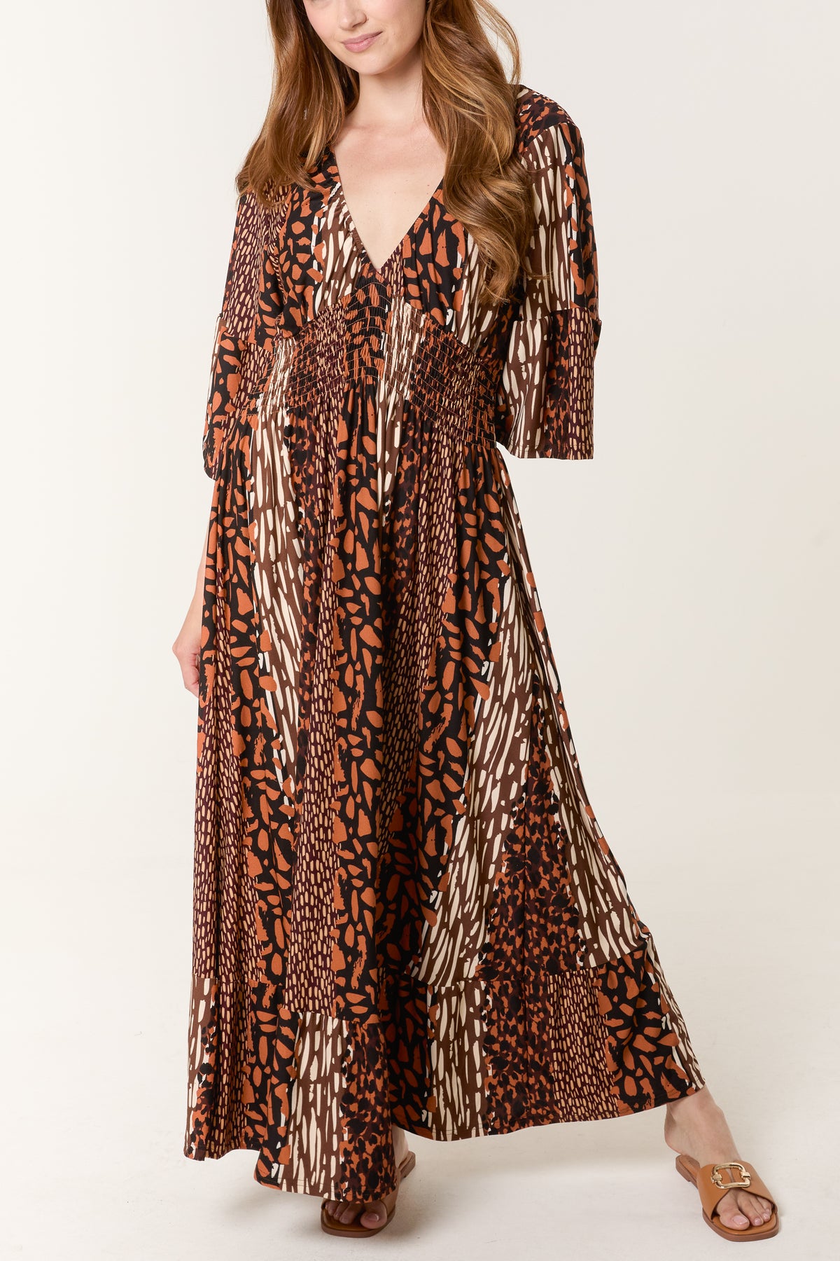 Mixed Animal Print Stretch Shirred Waist Dress