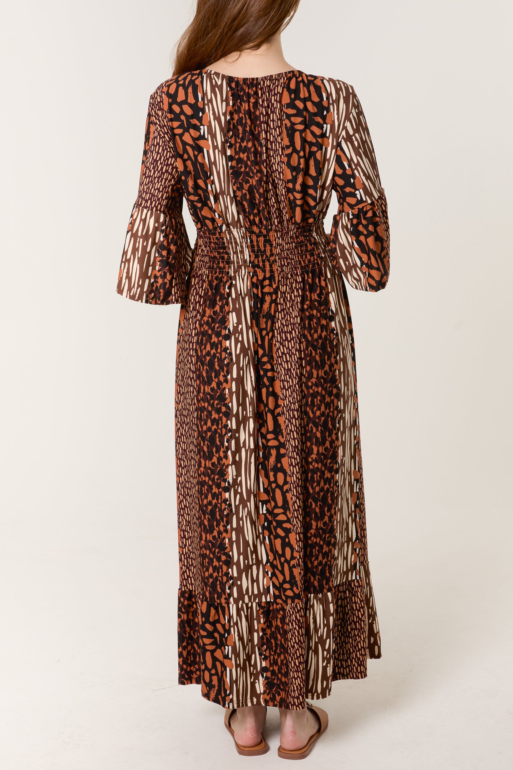 Mixed Animal Print Stretch Shirred Waist Dress