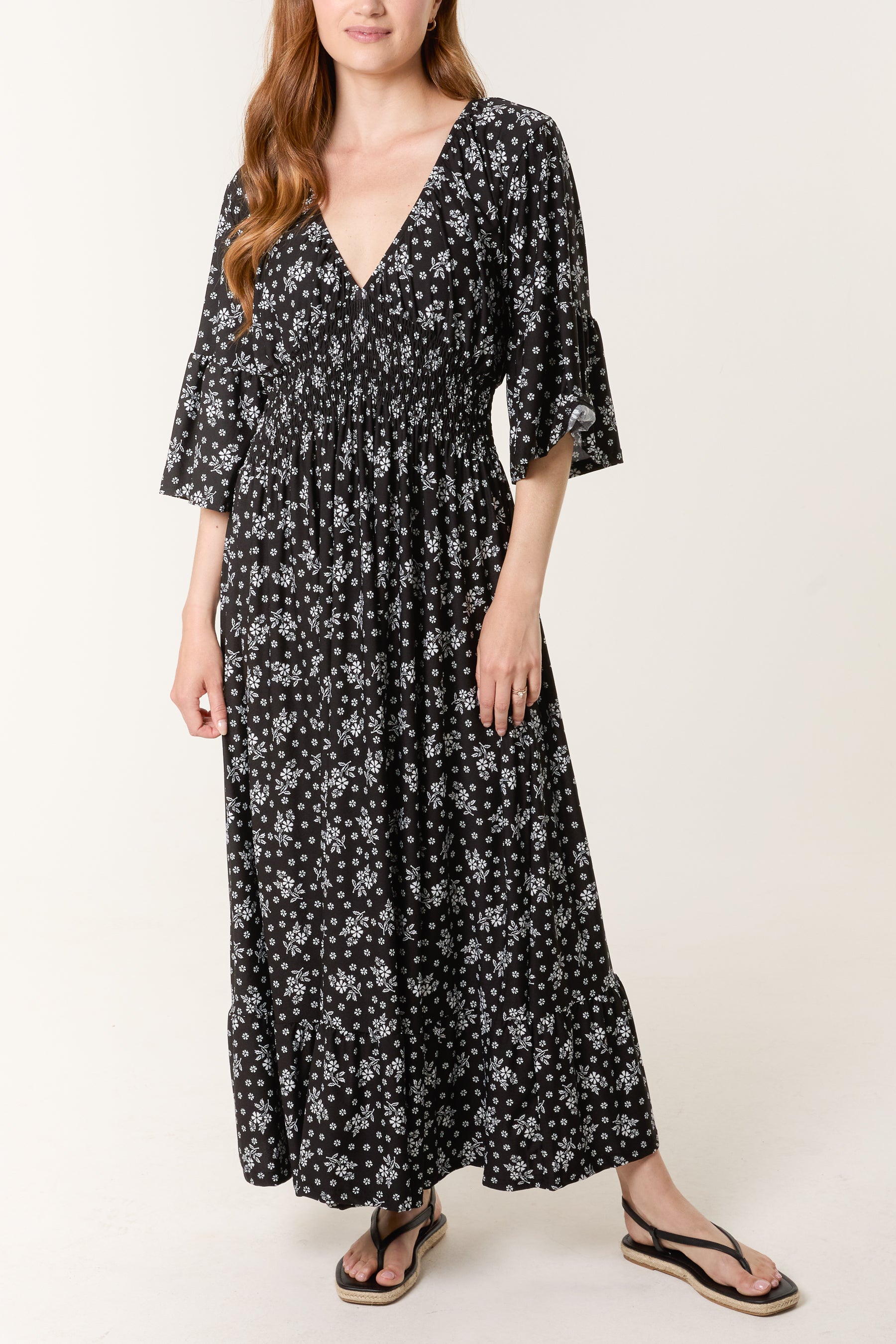 Scatter Floral Print Shirred Stretch Dress