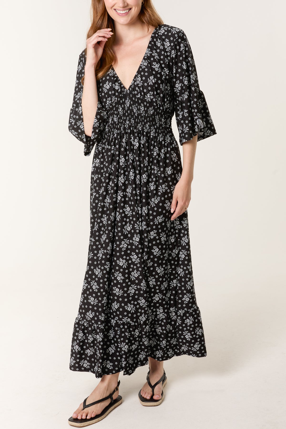 Scatter Floral Print Shirred Stretch Dress