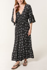 Scatter Floral Print Shirred Stretch Dress