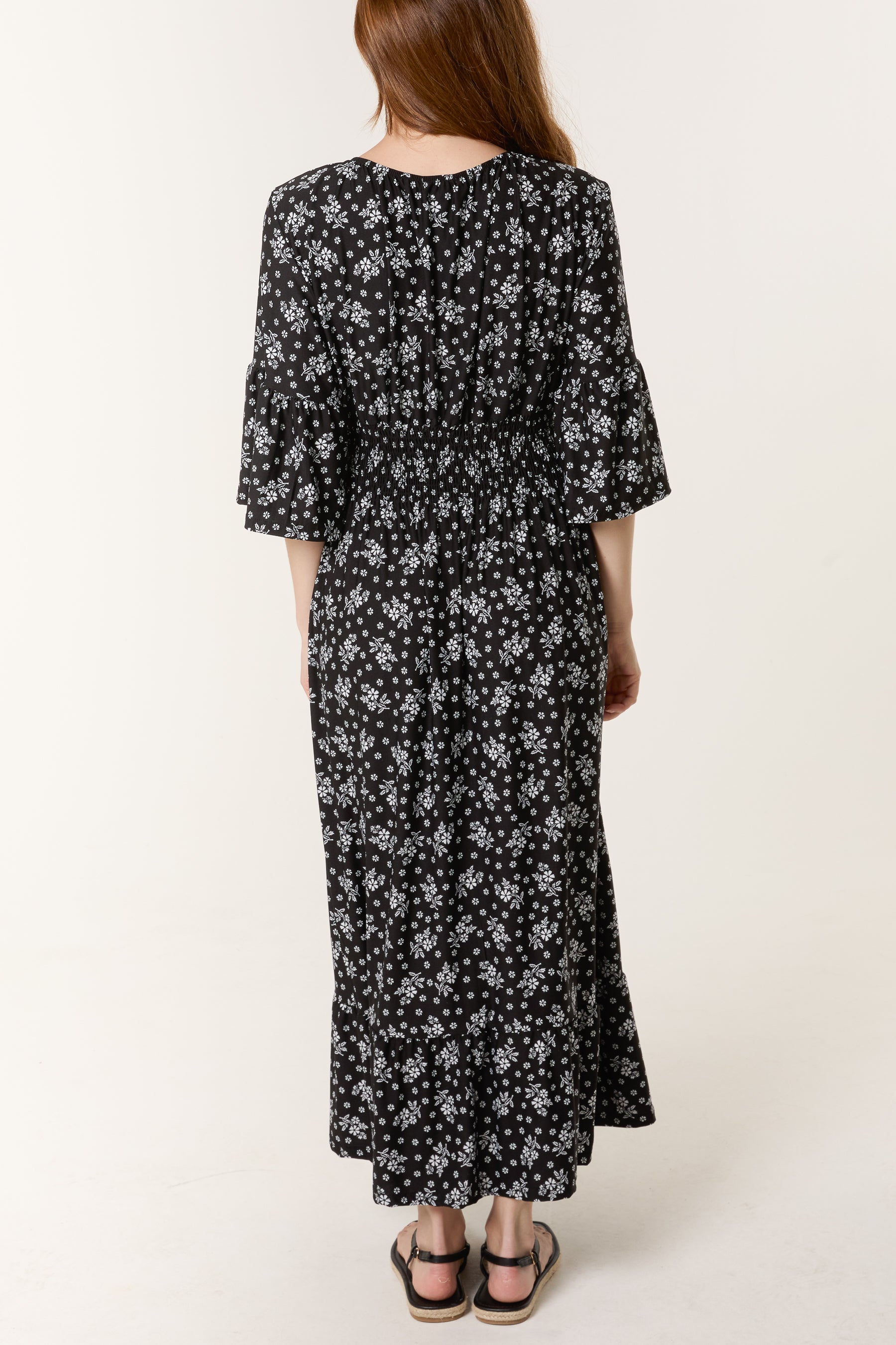 Scatter Floral Print Shirred Stretch Dress