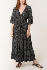 Spotted V-Neck Shirred Stretch Dress