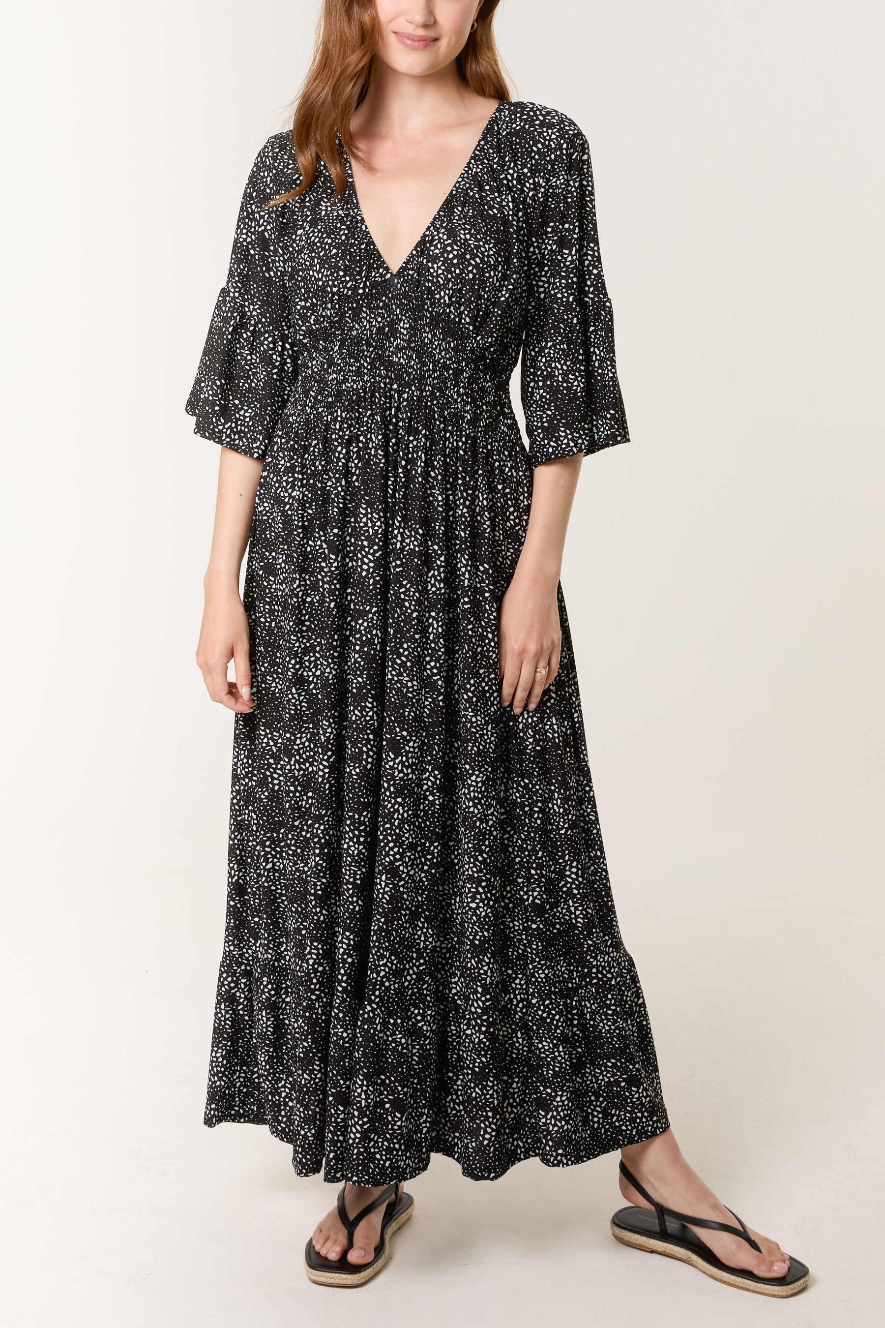 Spotted V-Neck Shirred Stretch Dress