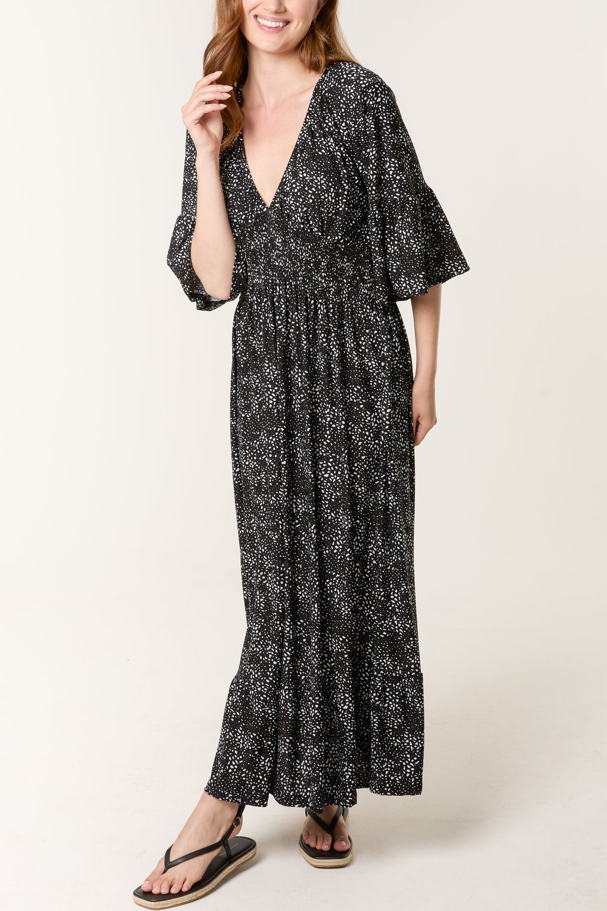 Spotted V-Neck Shirred Stretch Dress