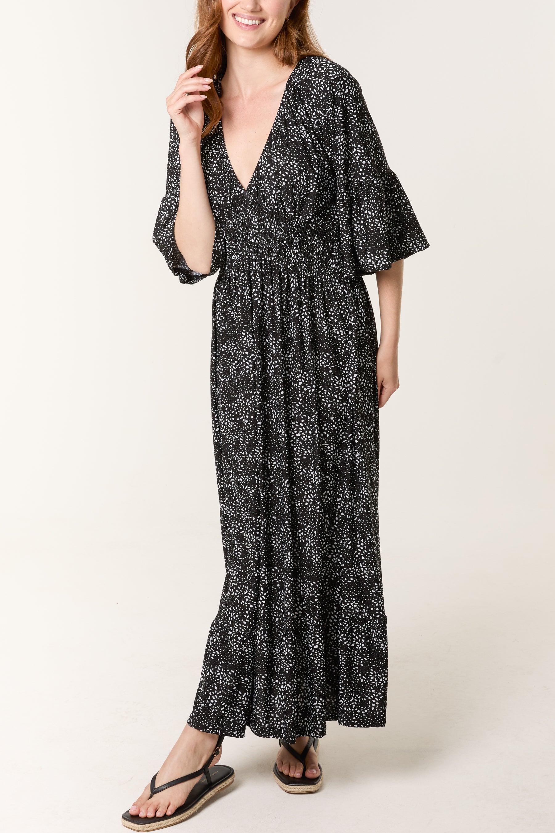 Spotted V-Neck Shirred Stretch Dress