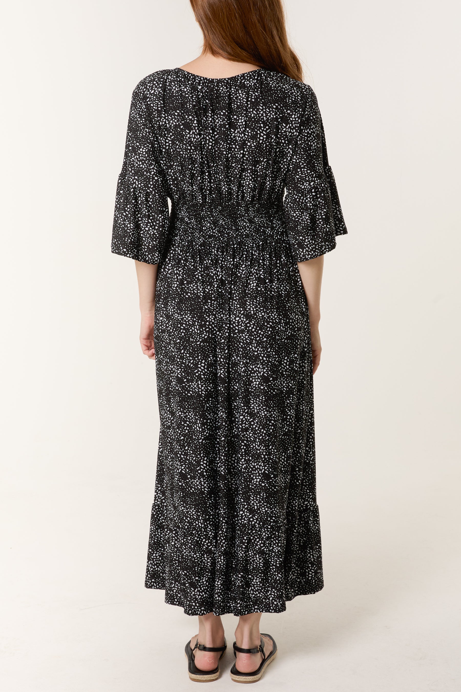 Spotted V-Neck Shirred Stretch Dress