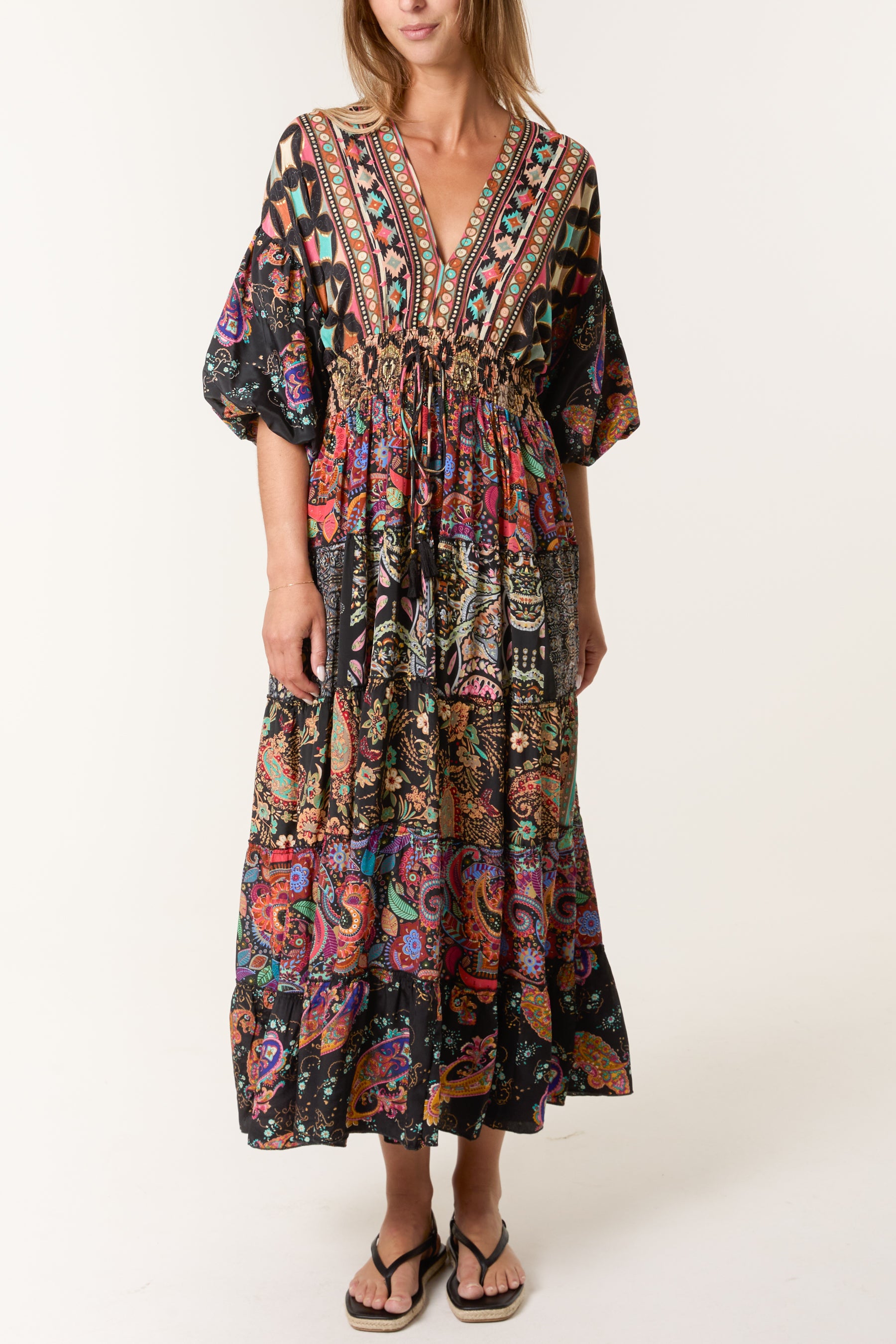 Multi Print Tiered Kimono Dress