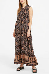 Sleeveless High Collar Leaf Maxi Dress