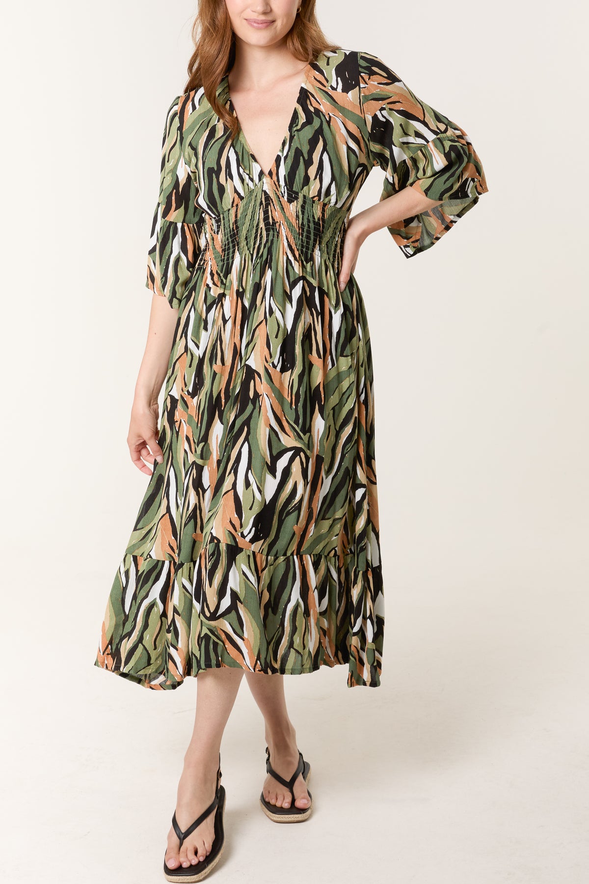 Abstract V-Neck Shirred Bust Dress