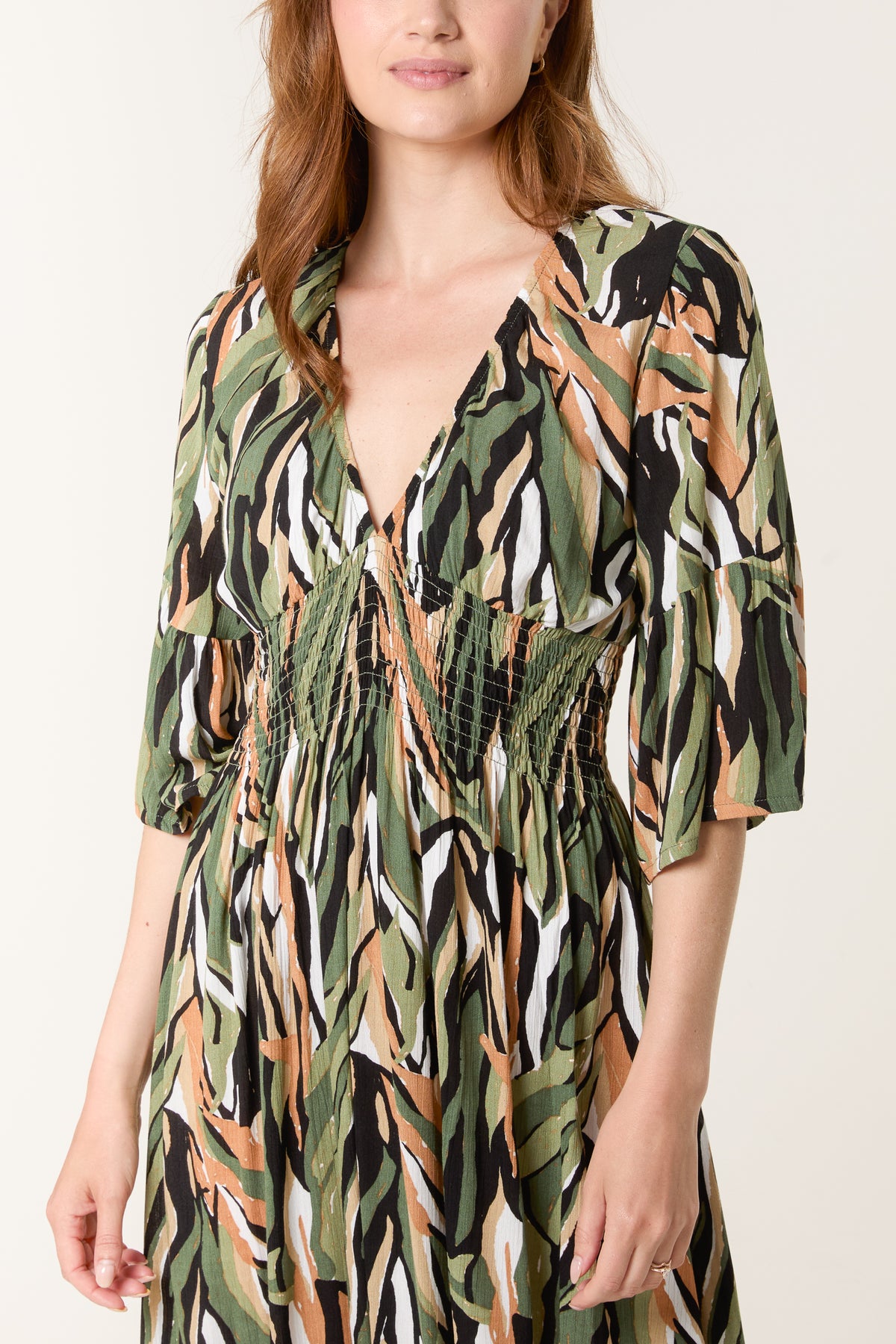 Abstract V-Neck Shirred Bust Dress