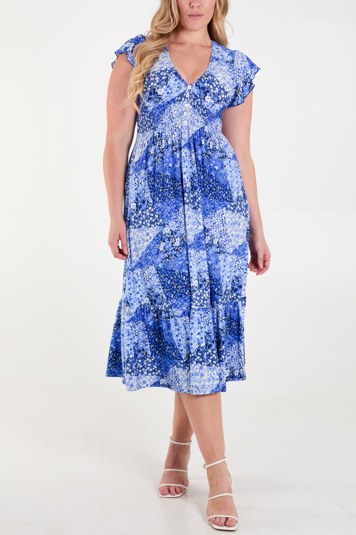 Floral Patchwork Shirred Flutter Midi Dress
