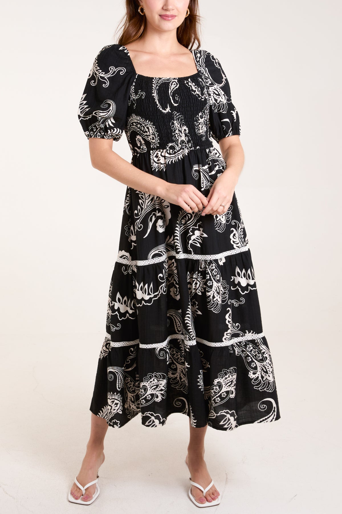 Paisley Shirred Square Neck Dress