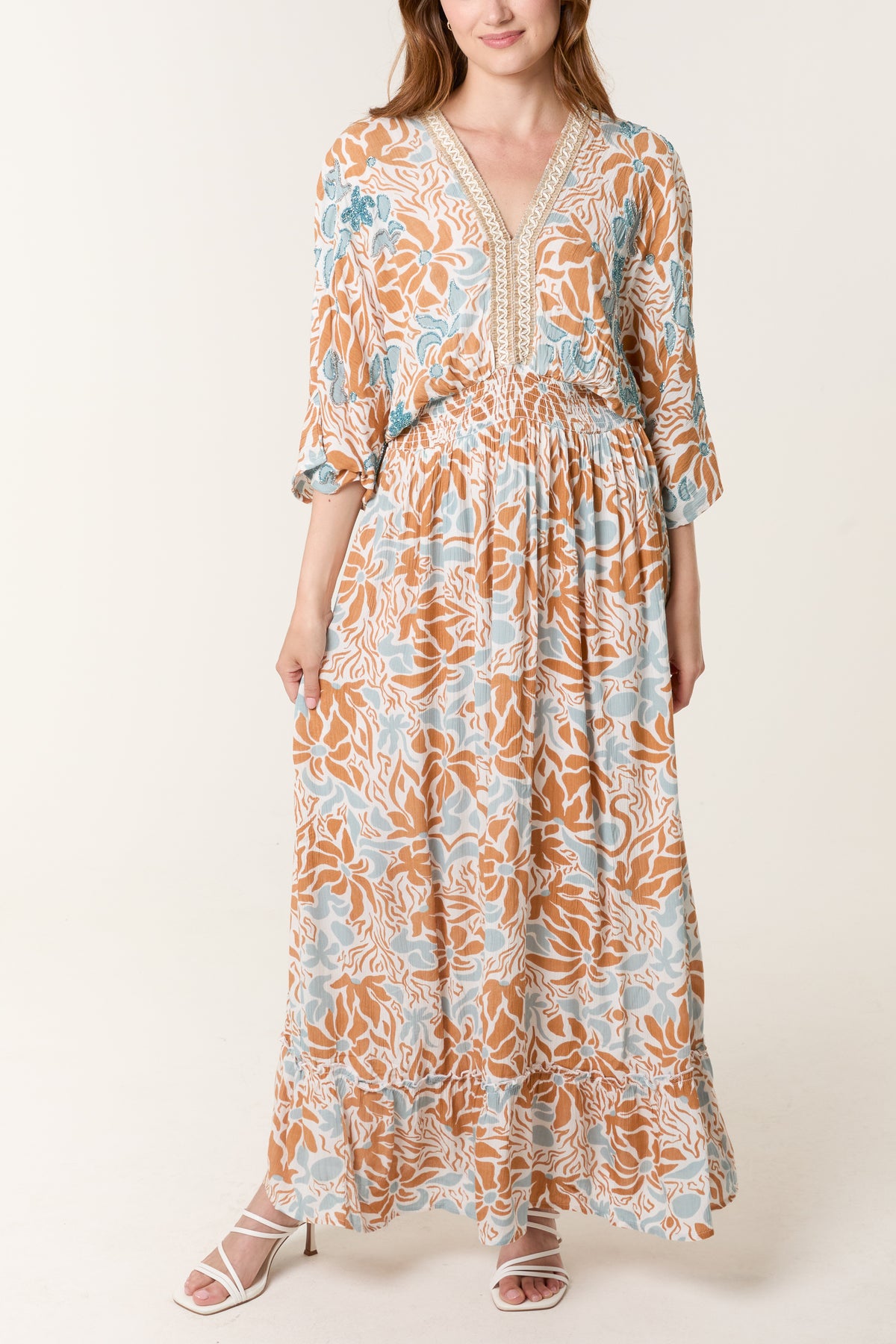 Beaded Leaf Print V Front & Back Maxi Dress