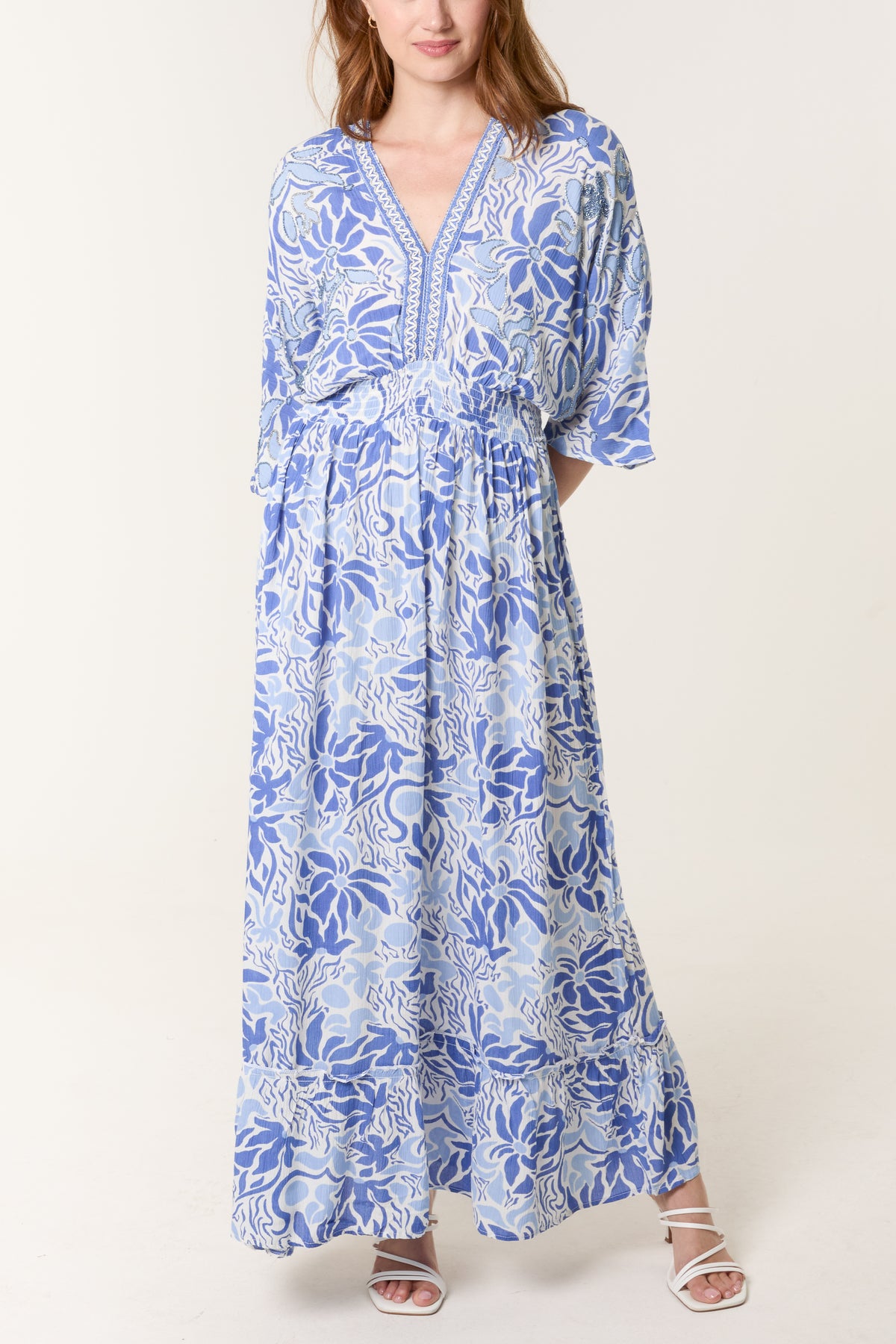 Beaded Leaf Print V Front & Back Maxi Dress