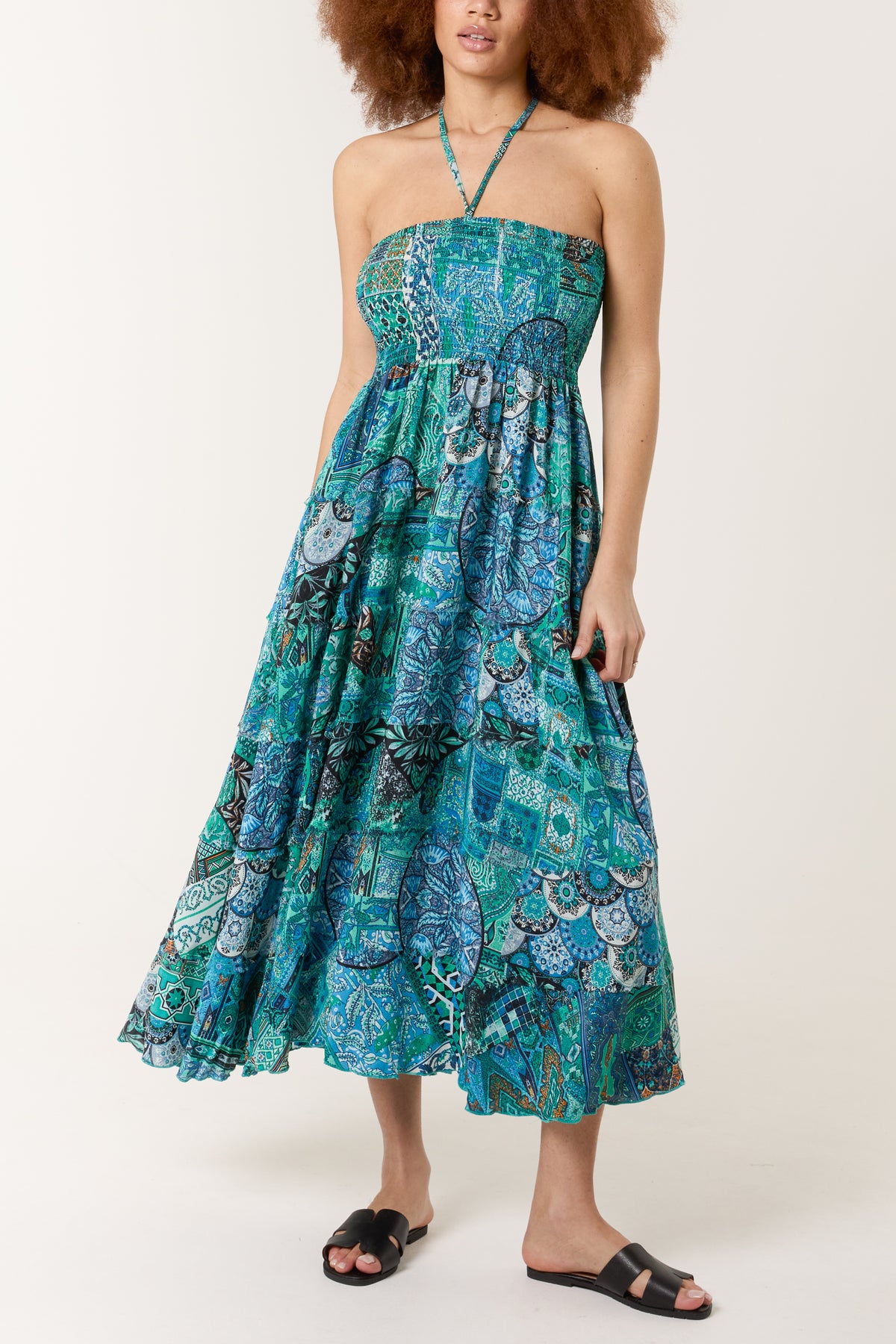 Mixed Print Artsilk Halterneck Dress