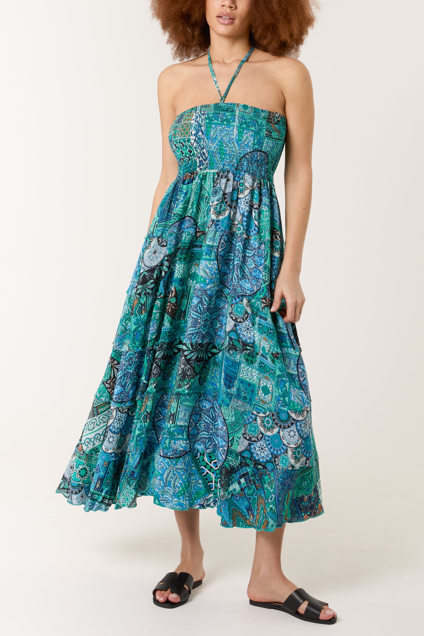 Mixed Print Artsilk Halterneck Dress