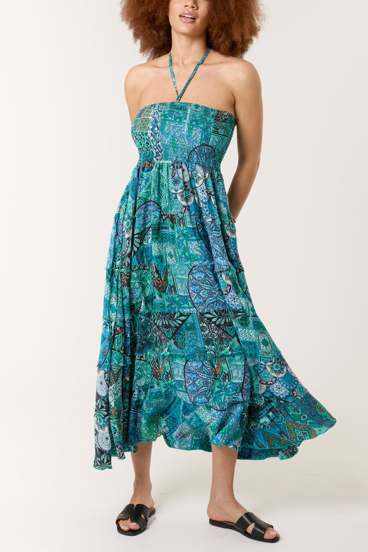 Mixed Print Artsilk Halterneck Dress