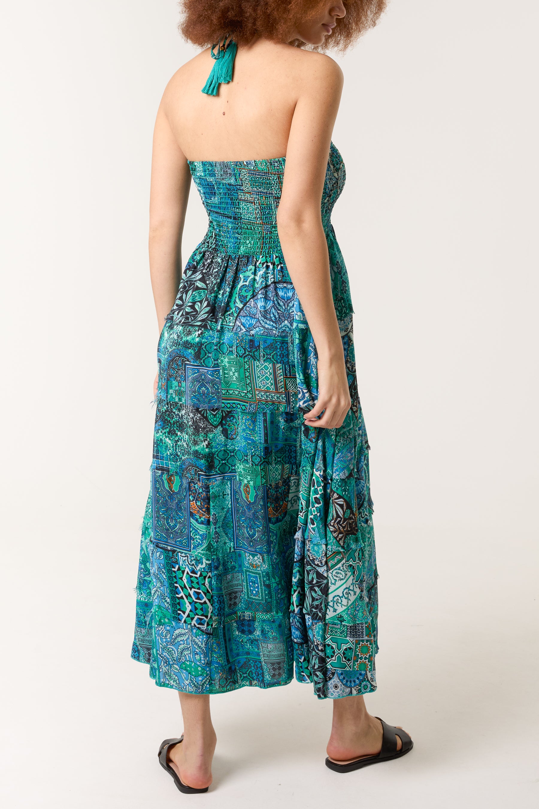 Mixed Print Artsilk Halterneck Dress
