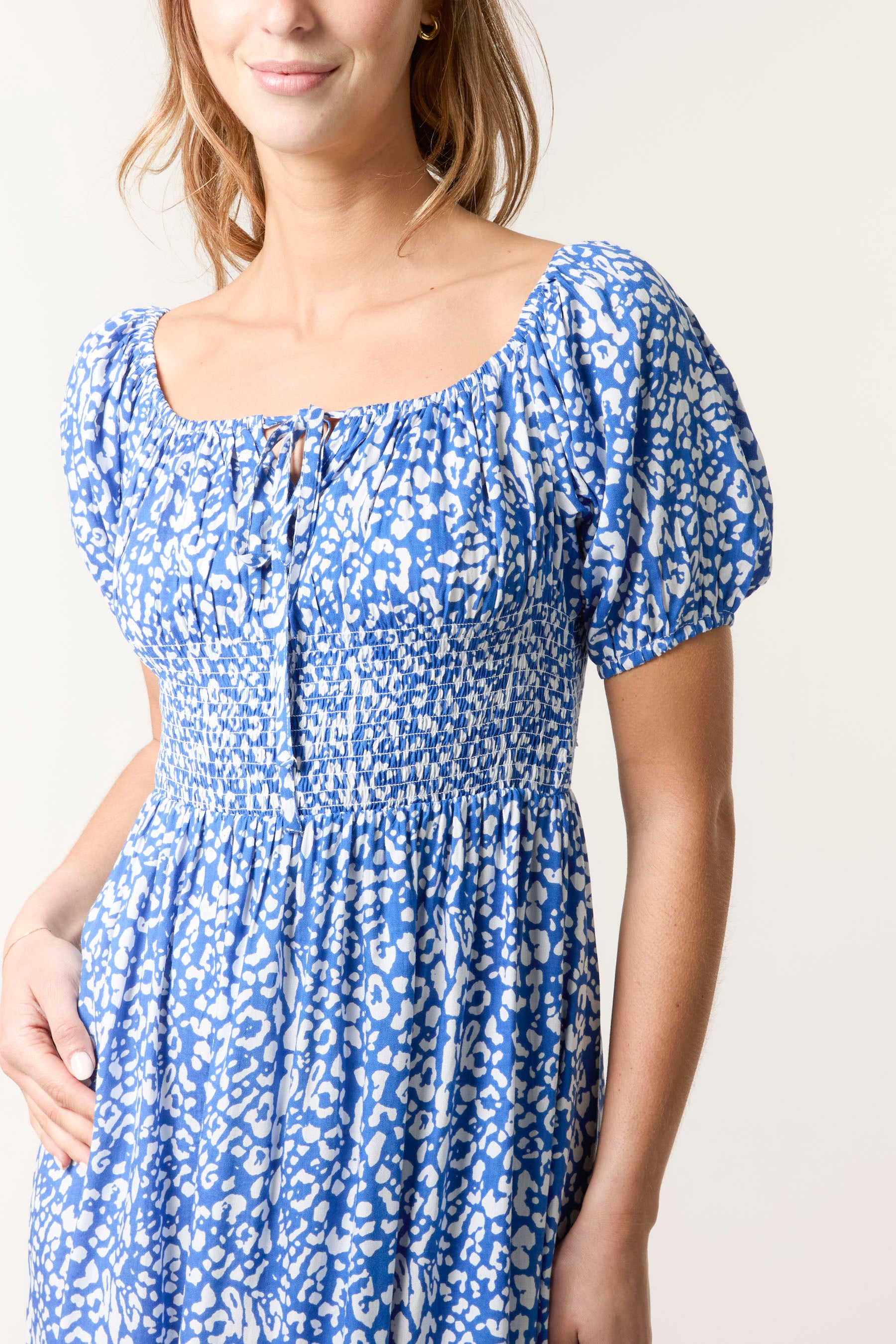 Ditsy Animal Tie Front Shirred Dress