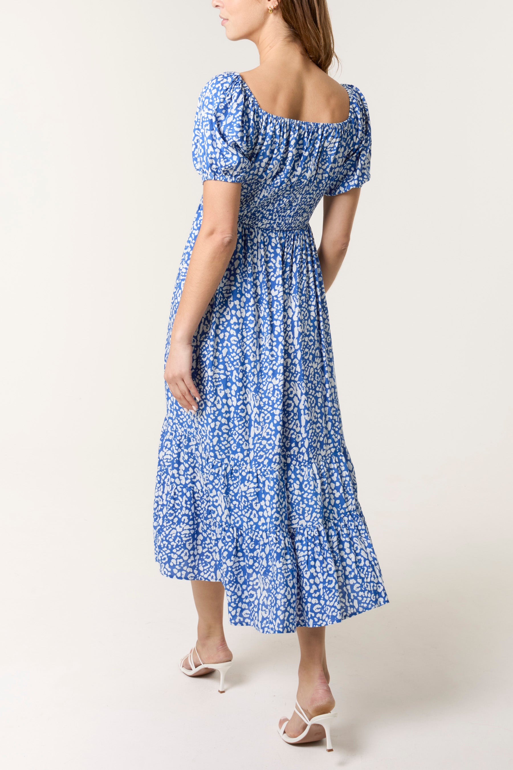 Ditsy Animal Tie Front Shirred Dress