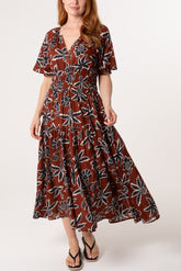 Leaf Print Notch Collar Dress
