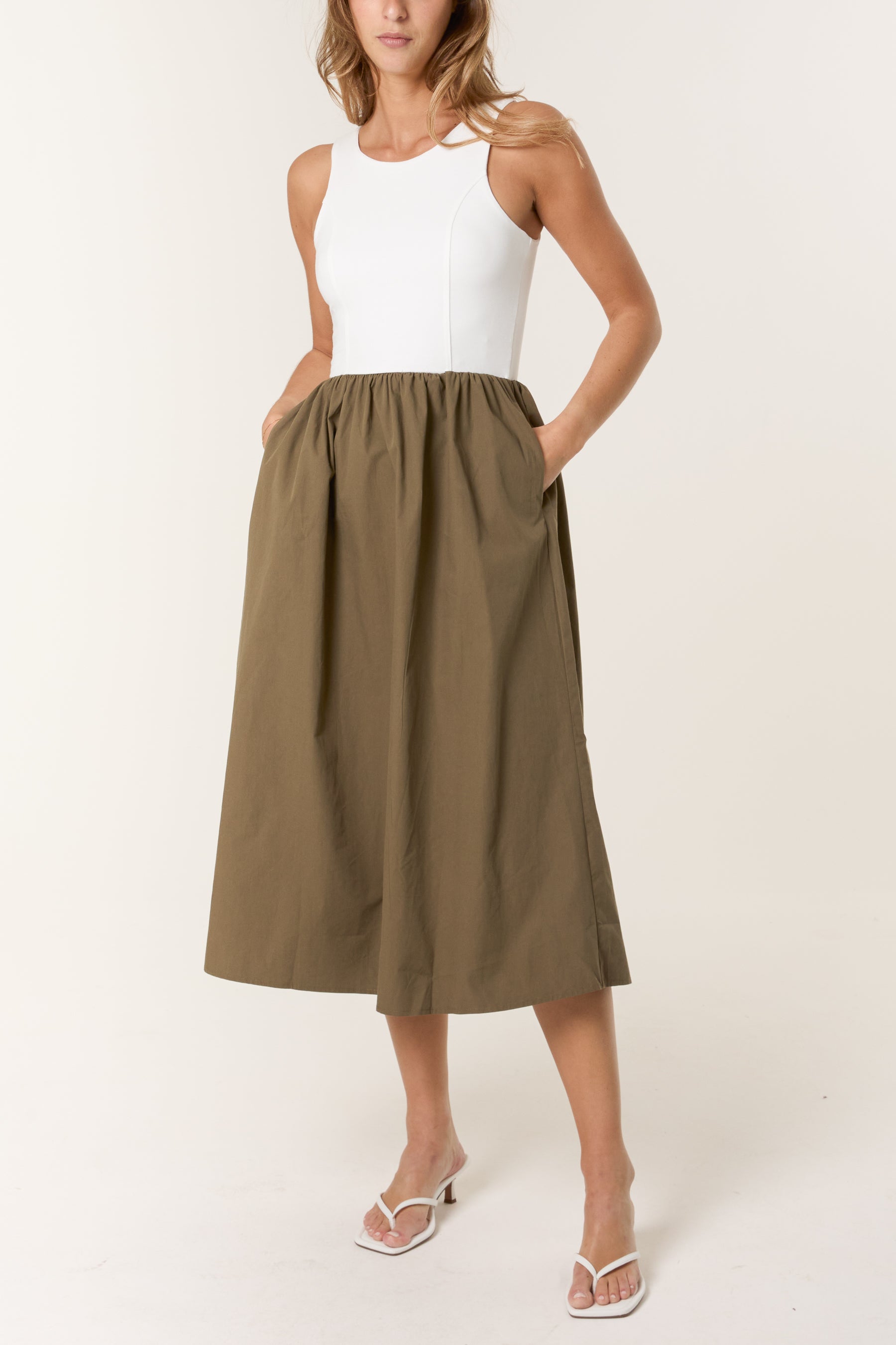 Contrast Fabric Midi Dress