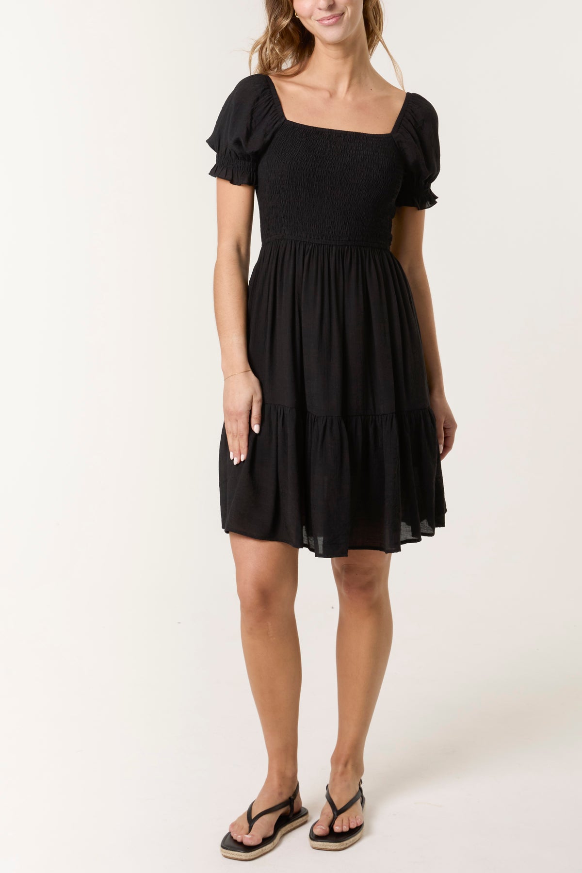 Shirred Puff Sleeve Mini Dress