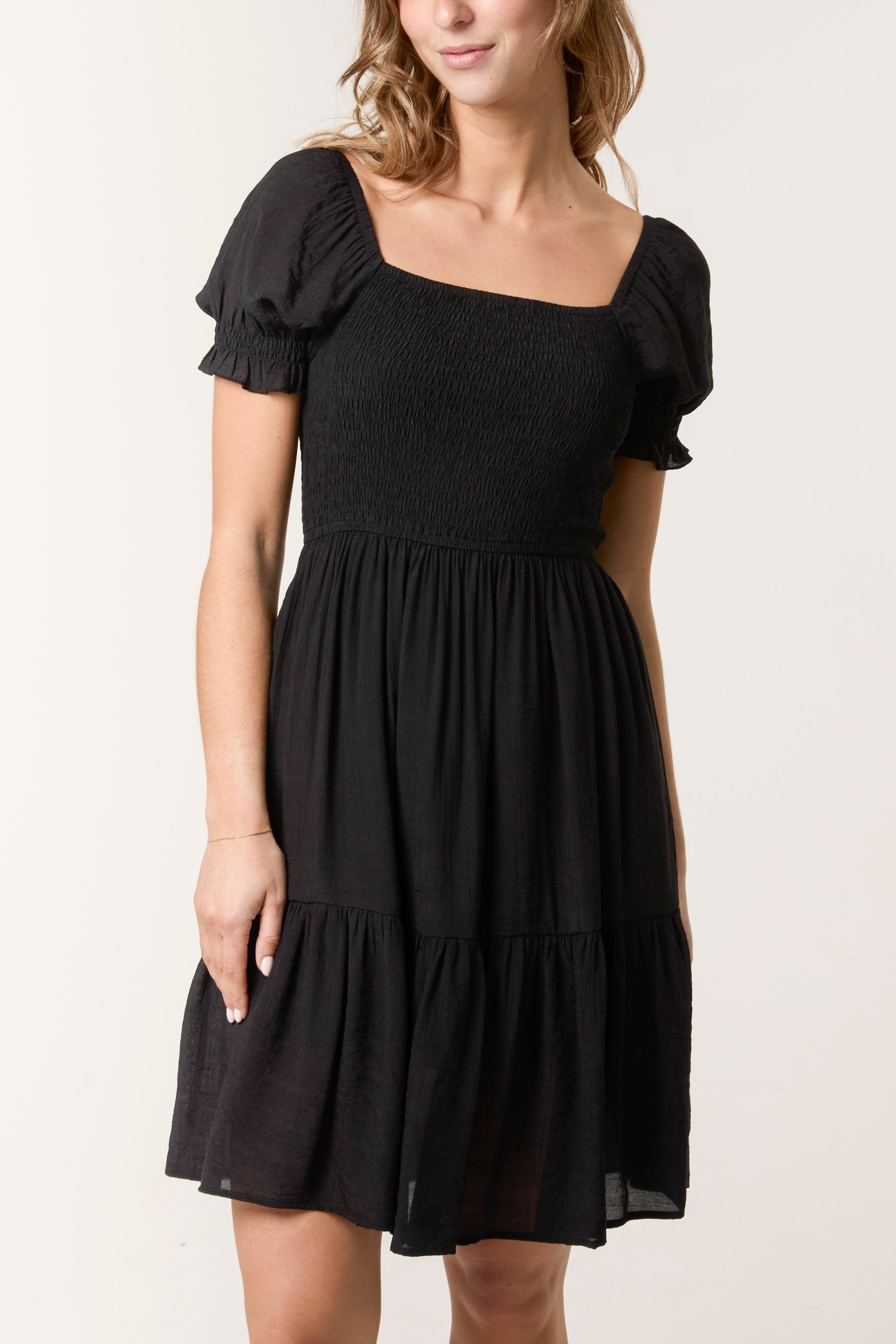 Shirred Puff Sleeve Mini Dress