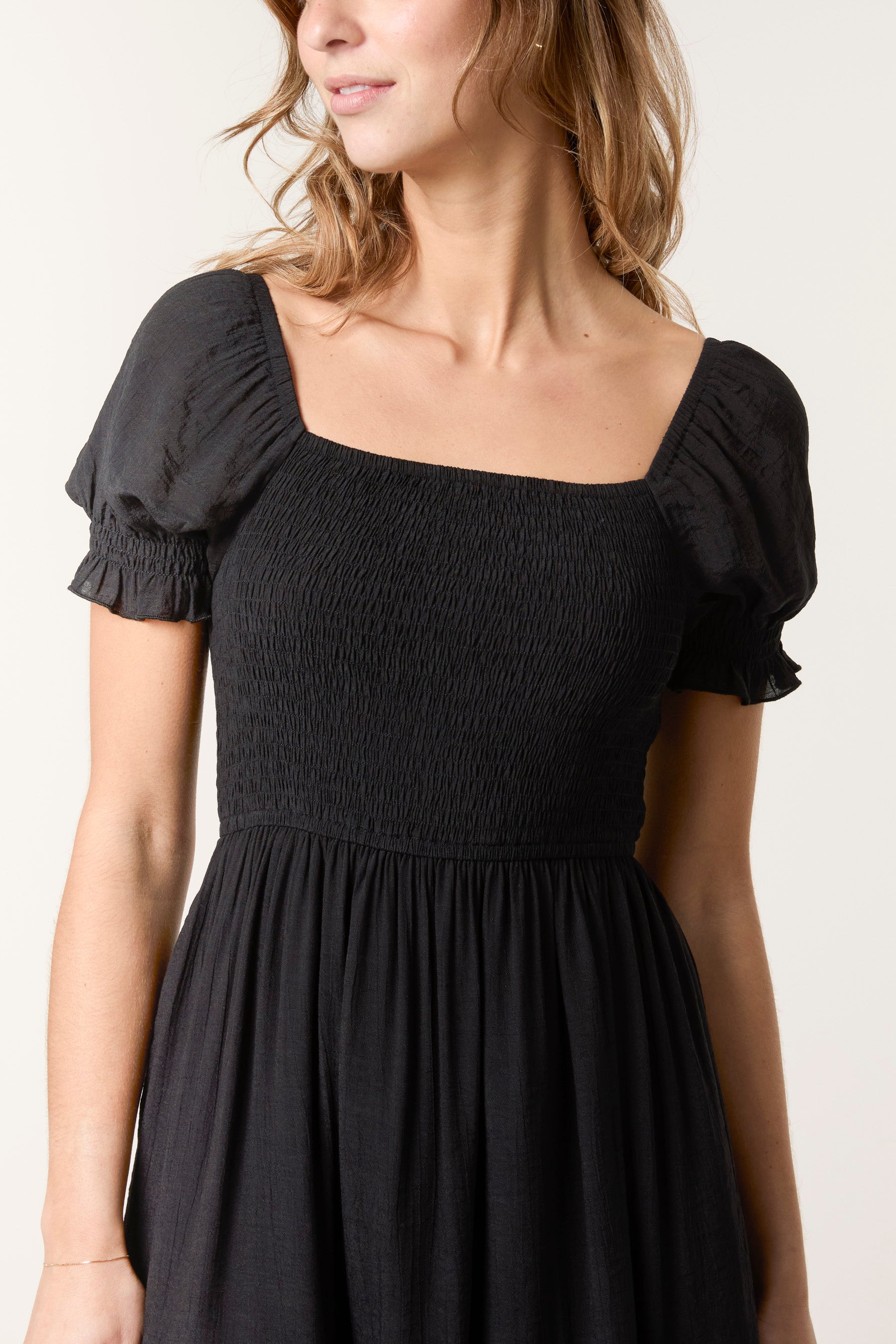 Shirred Puff Sleeve Mini Dress