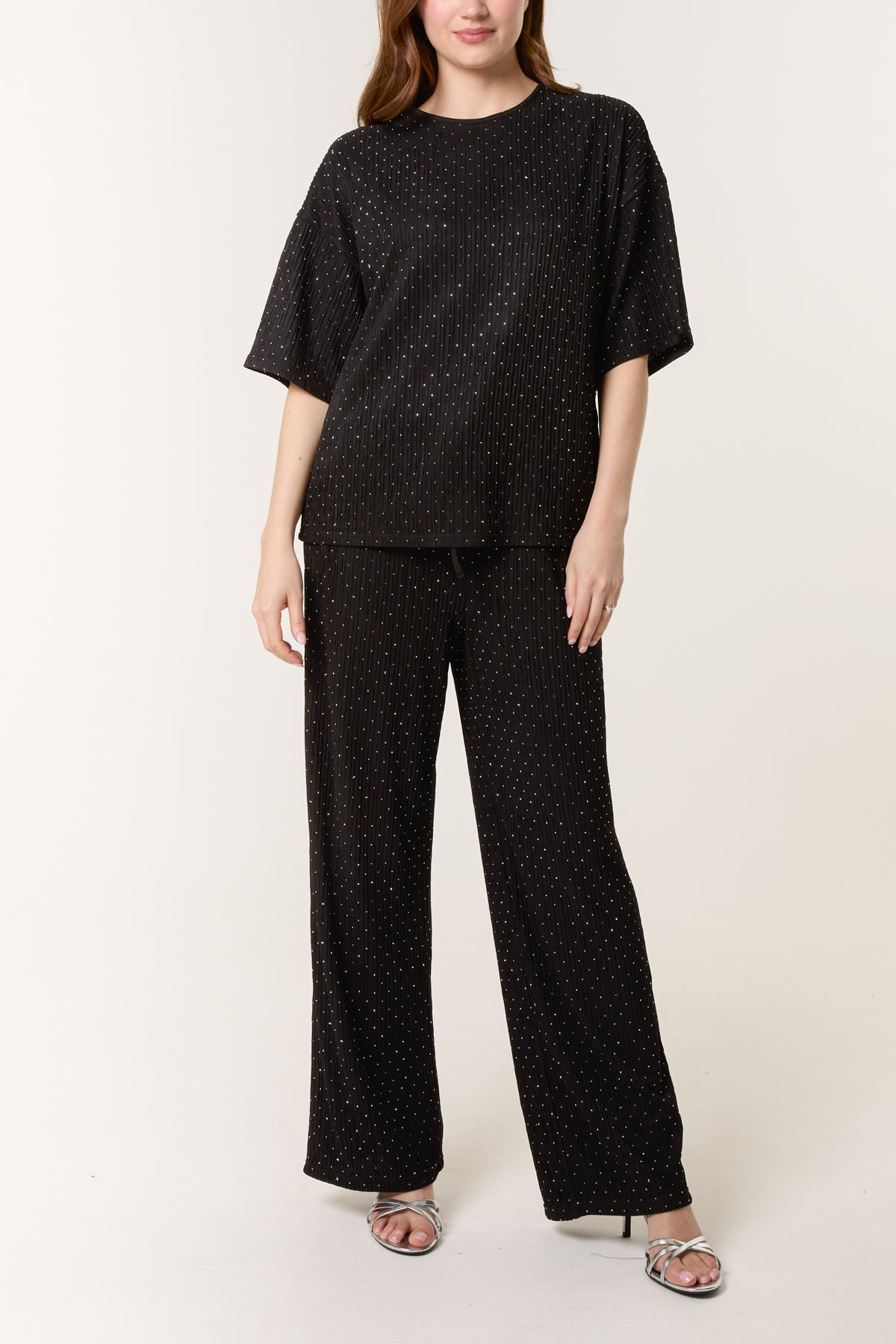 Diamante Textured T-Shirt & Wide Leg Trouser Set