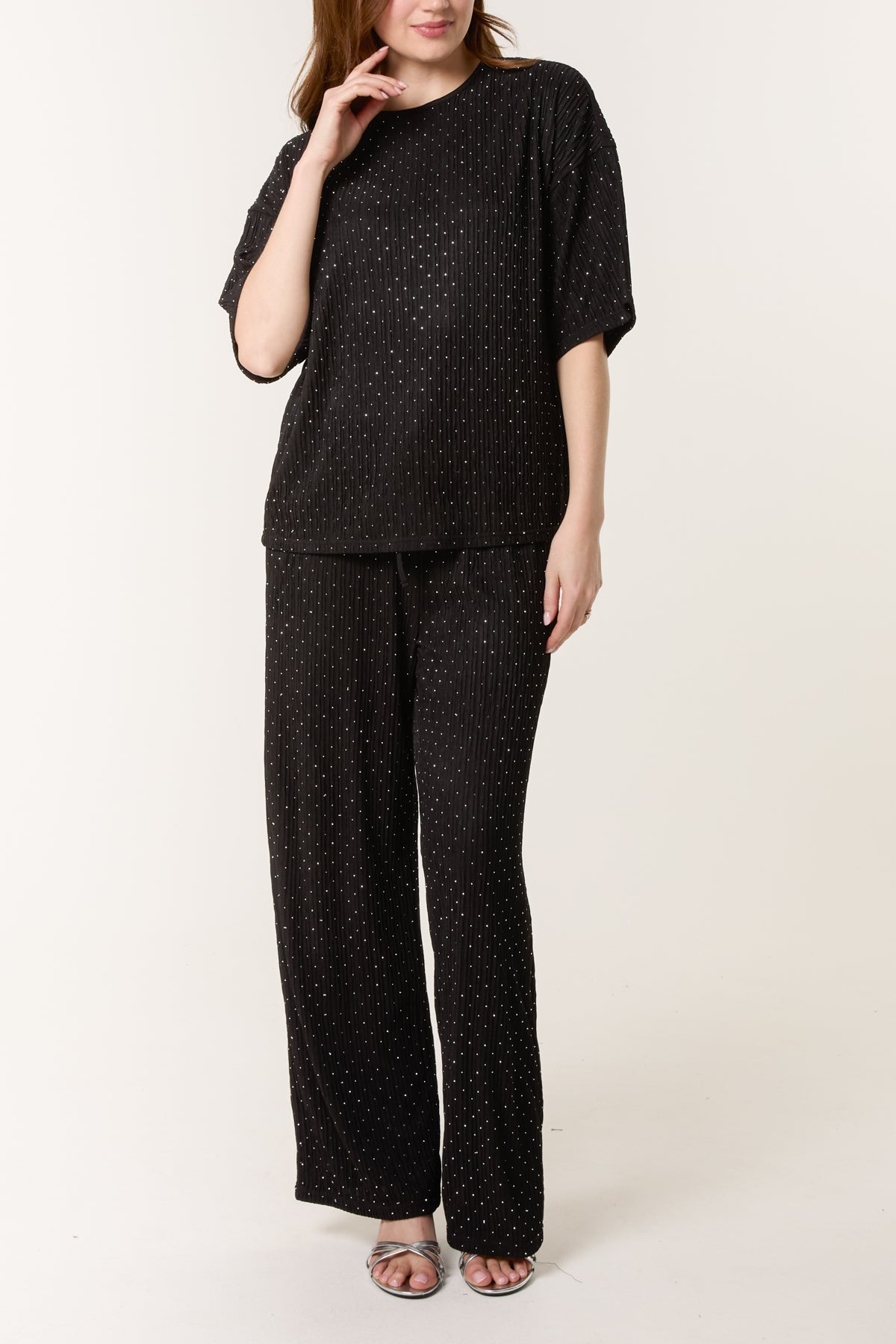 Diamante Ribbed T-Shirt & Wide Leg Trouser Set