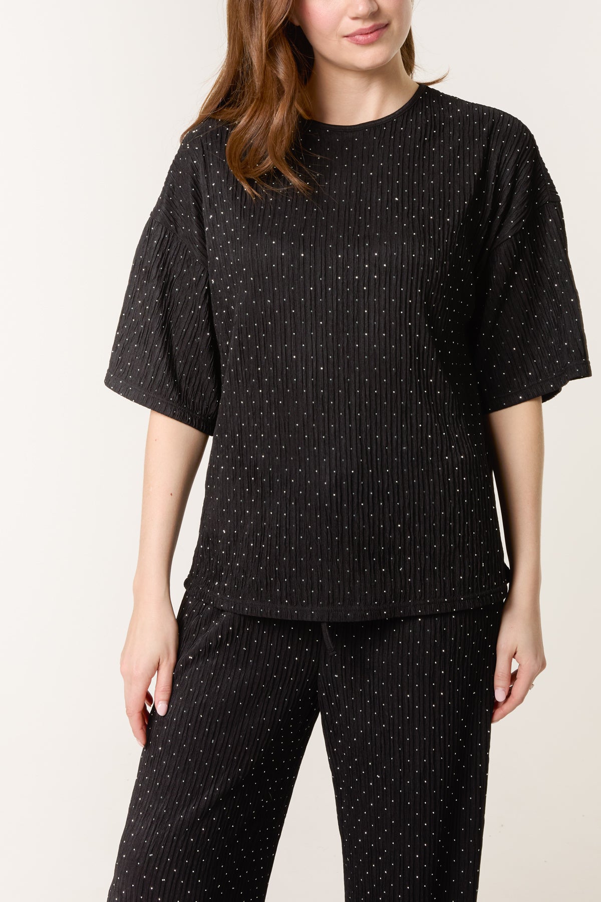 Diamante Ribbed T-Shirt & Wide Leg Trouser Set