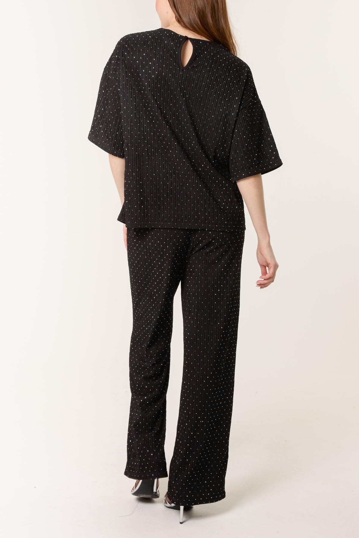 Diamante Ribbed T-Shirt & Wide Leg Trouser Set